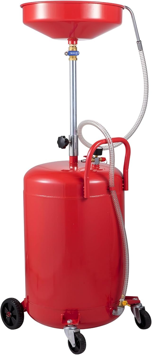 image:imageVEVOR 8 Gallon Waste Oil Drain Tank Industrial Fluid Drain Tank with Adjustable Funnel Height Portable Oil Drainer with Wheels amp Toolbox Fluid Fuel Transfer Drainage for Auto Repair Shops Red157 x 152x 65 in
