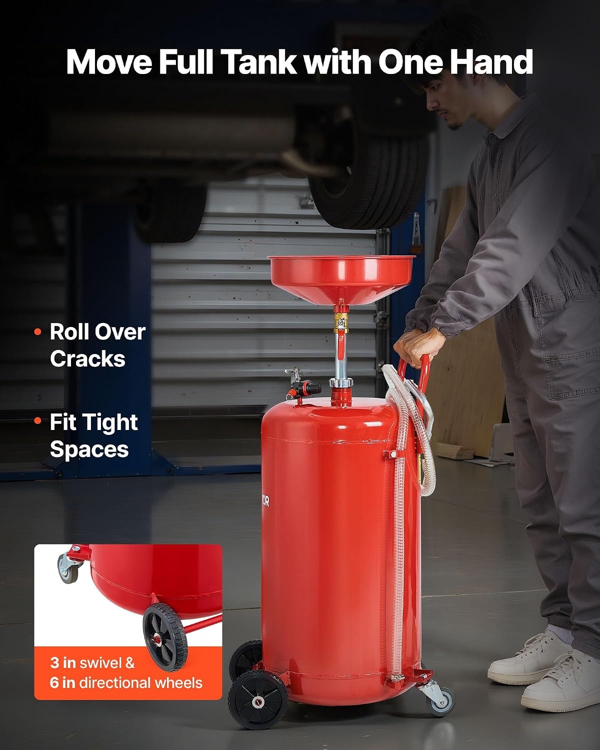 image:imageVEVOR 8 Gallon Waste Oil Drain Tank Industrial Fluid Drain Tank with Adjustable Funnel Height Portable Oil Drainer with Wheels amp Toolbox Fluid Fuel Transfer Drainage for Auto Repair Shops Red209 x 171 x 681 in