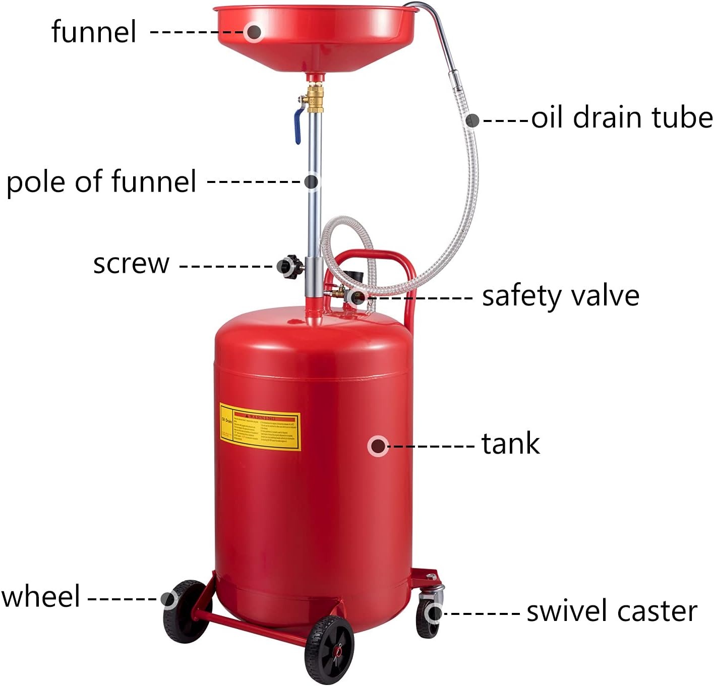 image:imageVEVOR 8 Gallon Waste Oil Drain Tank Industrial Fluid Drain Tank with Adjustable Funnel Height Portable Oil Drainer with Wheels amp Toolbox Fluid Fuel Transfer Drainage for Auto Repair Shops Red157 x 152x 65 in