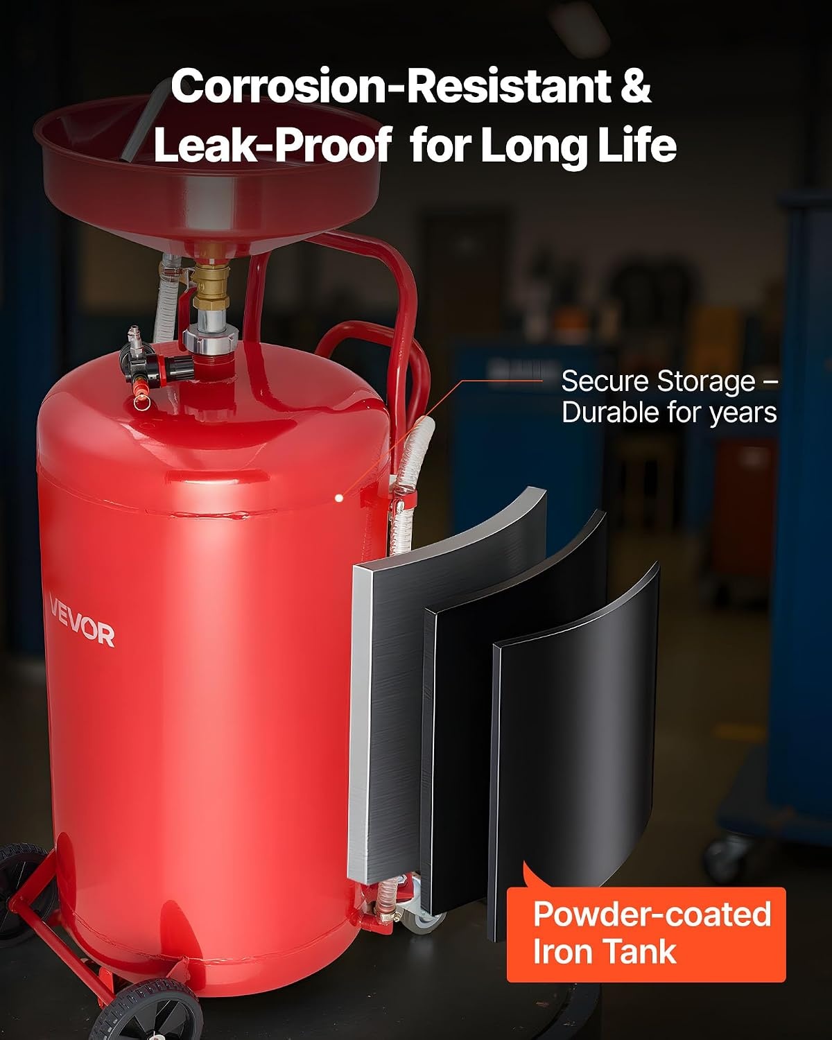 image:imageVEVOR 8 Gallon Waste Oil Drain Tank Industrial Fluid Drain Tank with Adjustable Funnel Height Portable Oil Drainer with Wheels amp Toolbox Fluid Fuel Transfer Drainage for Auto Repair Shops Red209 x 171 x 681 in