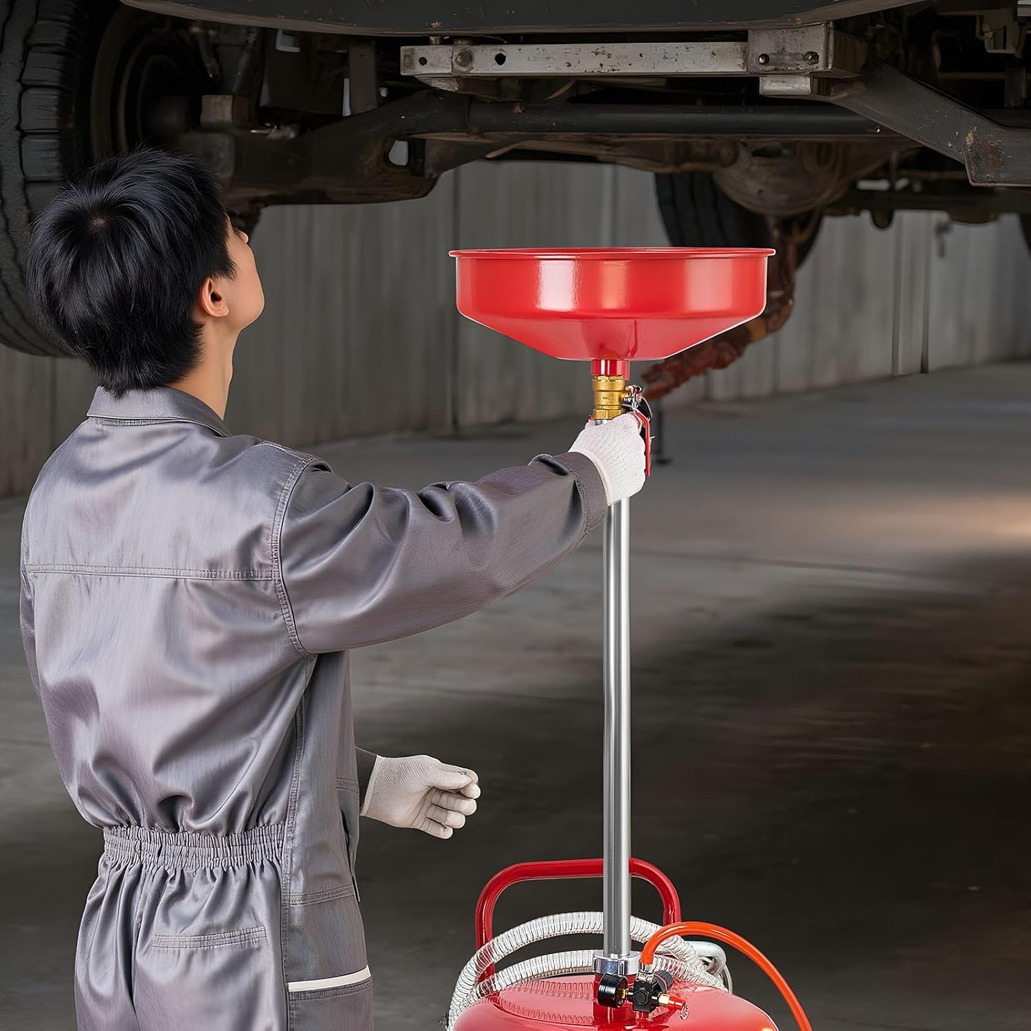 image:imageVEVOR 8 Gallon Waste Oil Drain Tank Industrial Fluid Drain Tank with Adjustable Funnel Height Portable Oil Drainer with Wheels amp Toolbox Fluid Fuel Transfer Drainage for Auto Repair Shops Red209 x 171 x 681 in