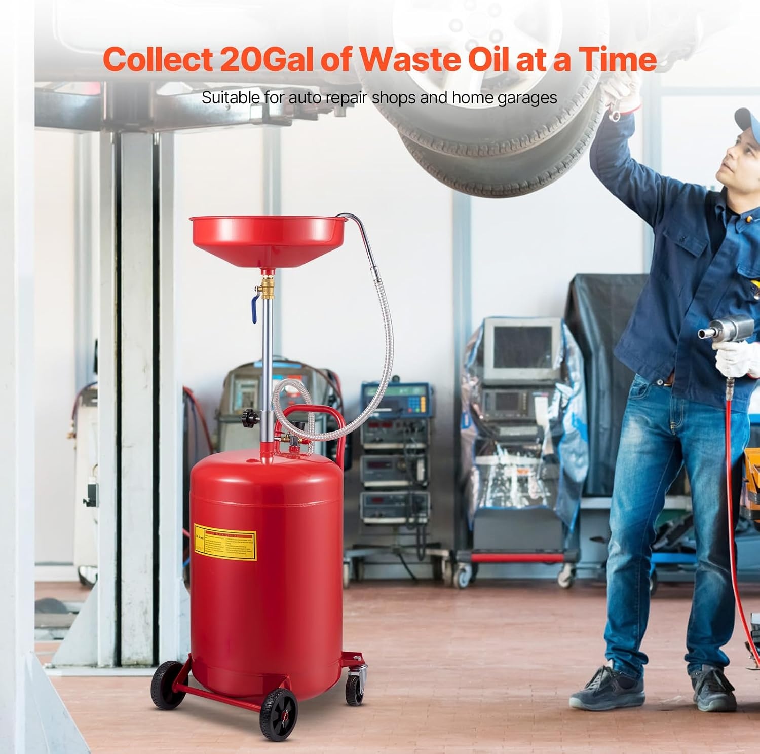 image:imageVEVOR 8 Gallon Waste Oil Drain Tank Industrial Fluid Drain Tank with Adjustable Funnel Height Portable Oil Drainer with Wheels amp Toolbox Fluid Fuel Transfer Drainage for Auto Repair Shops Red157 x 152x 65 in