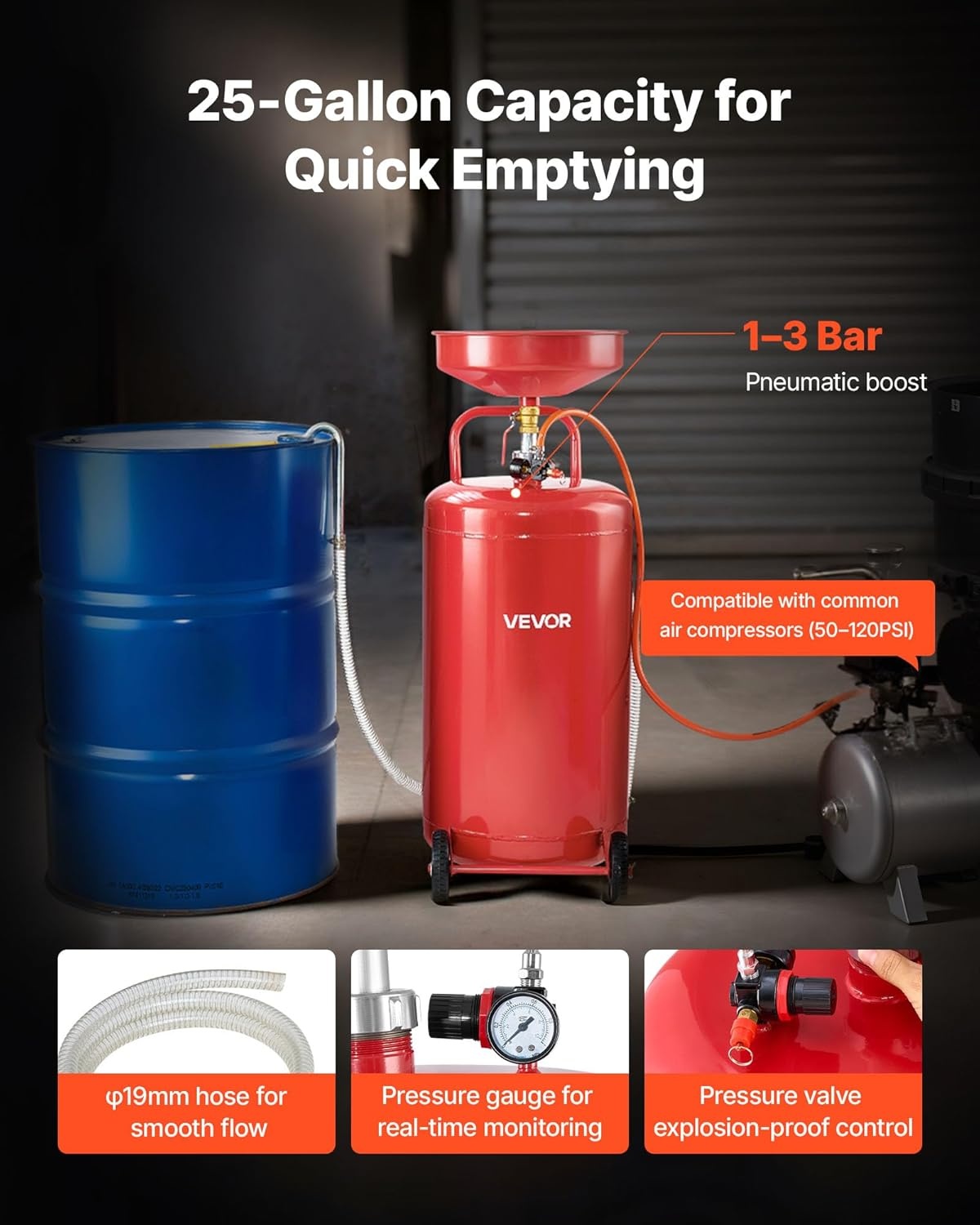 image:imageVEVOR 8 Gallon Waste Oil Drain Tank Industrial Fluid Drain Tank with Adjustable Funnel Height Portable Oil Drainer with Wheels amp Toolbox Fluid Fuel Transfer Drainage for Auto Repair Shops Red209 x 171 x 681 in