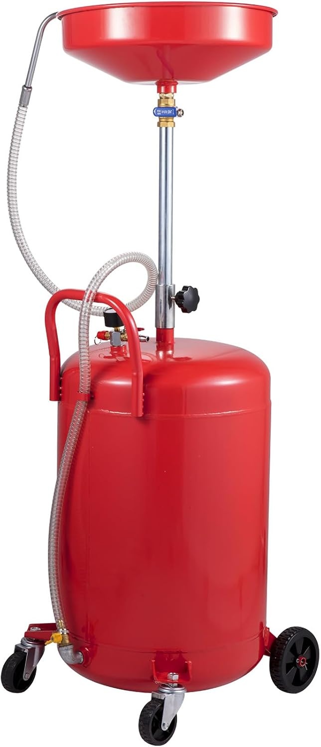 image:imageVEVOR 8 Gallon Waste Oil Drain Tank Industrial Fluid Drain Tank with Adjustable Funnel Height Portable Oil Drainer with Wheels amp Toolbox Fluid Fuel Transfer Drainage for Auto Repair Shops Red157 x 152x 65 in