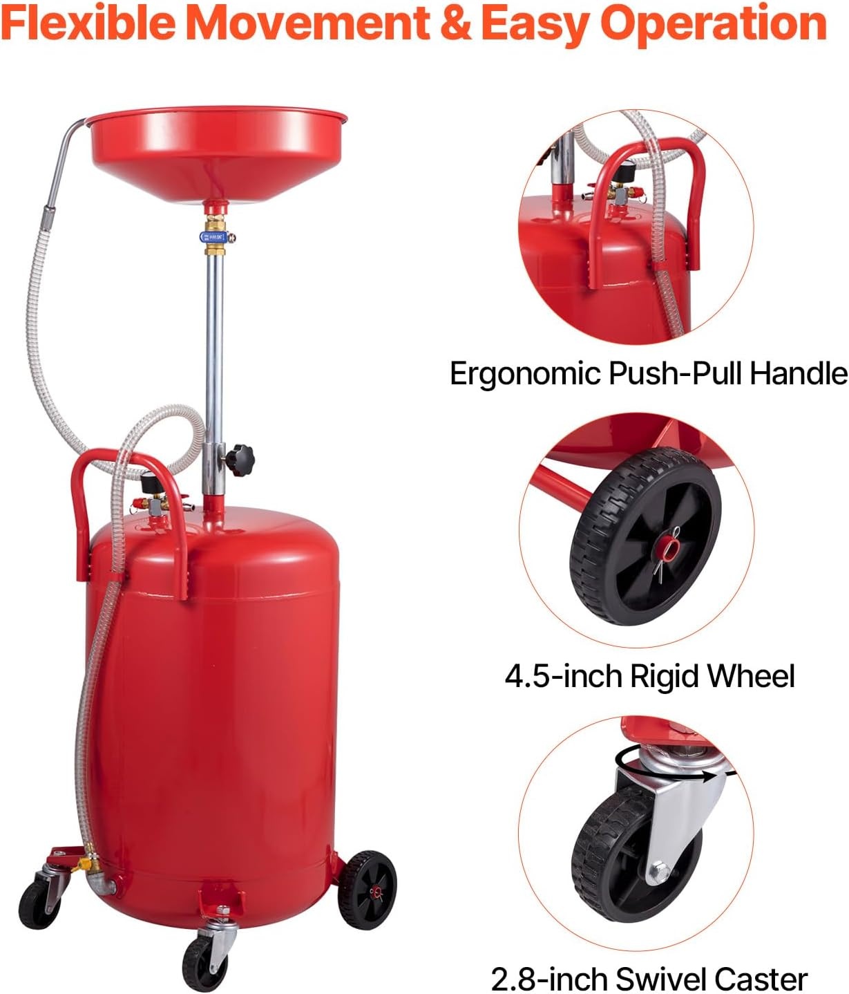 image:imageVEVOR 8 Gallon Waste Oil Drain Tank Industrial Fluid Drain Tank with Adjustable Funnel Height Portable Oil Drainer with Wheels amp Toolbox Fluid Fuel Transfer Drainage for Auto Repair Shops Red157 x 152x 65 in