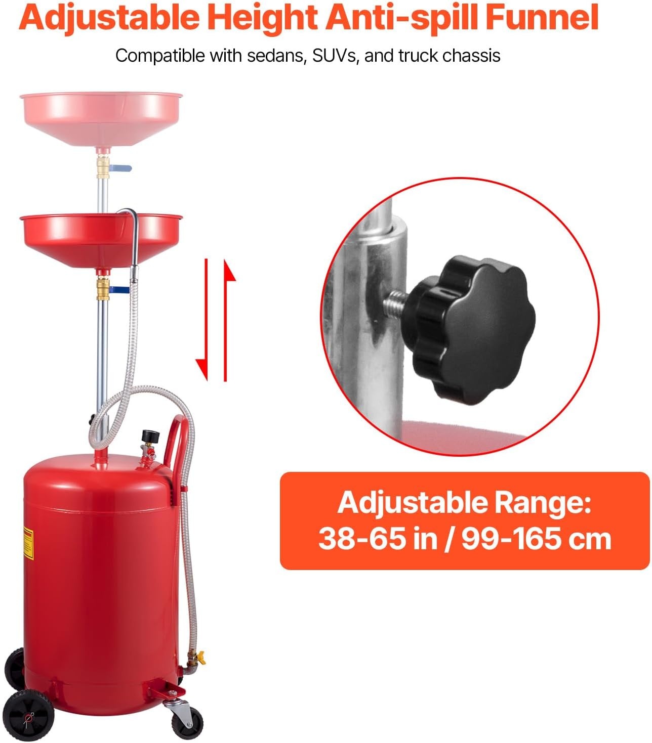 image:imageVEVOR 8 Gallon Waste Oil Drain Tank Industrial Fluid Drain Tank with Adjustable Funnel Height Portable Oil Drainer with Wheels amp Toolbox Fluid Fuel Transfer Drainage for Auto Repair Shops Red157 x 152x 65 in