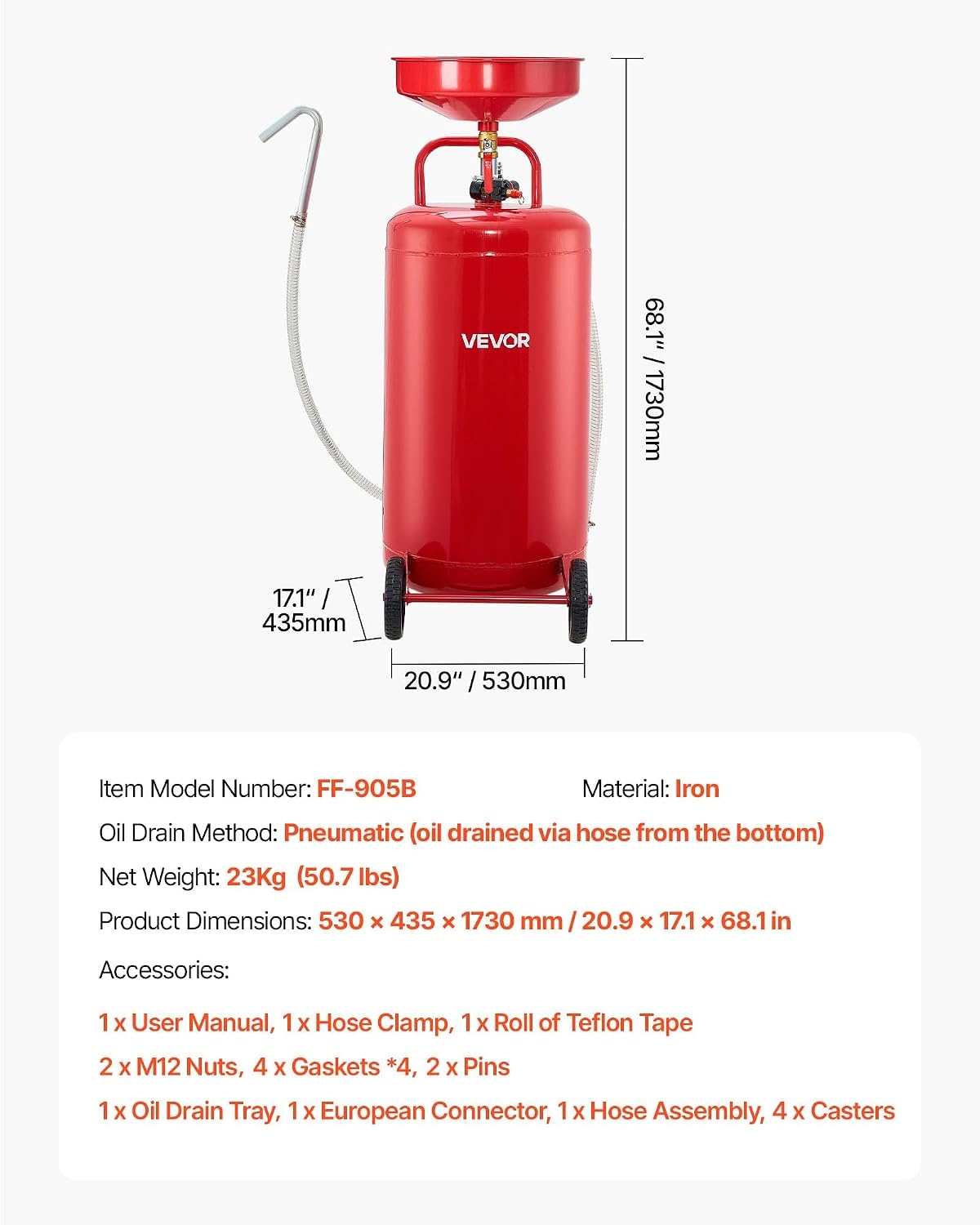image:imageVEVOR 8 Gallon Waste Oil Drain Tank Industrial Fluid Drain Tank with Adjustable Funnel Height Portable Oil Drainer with Wheels amp Toolbox Fluid Fuel Transfer Drainage for Auto Repair Shops Red209 x 171 x 681 in