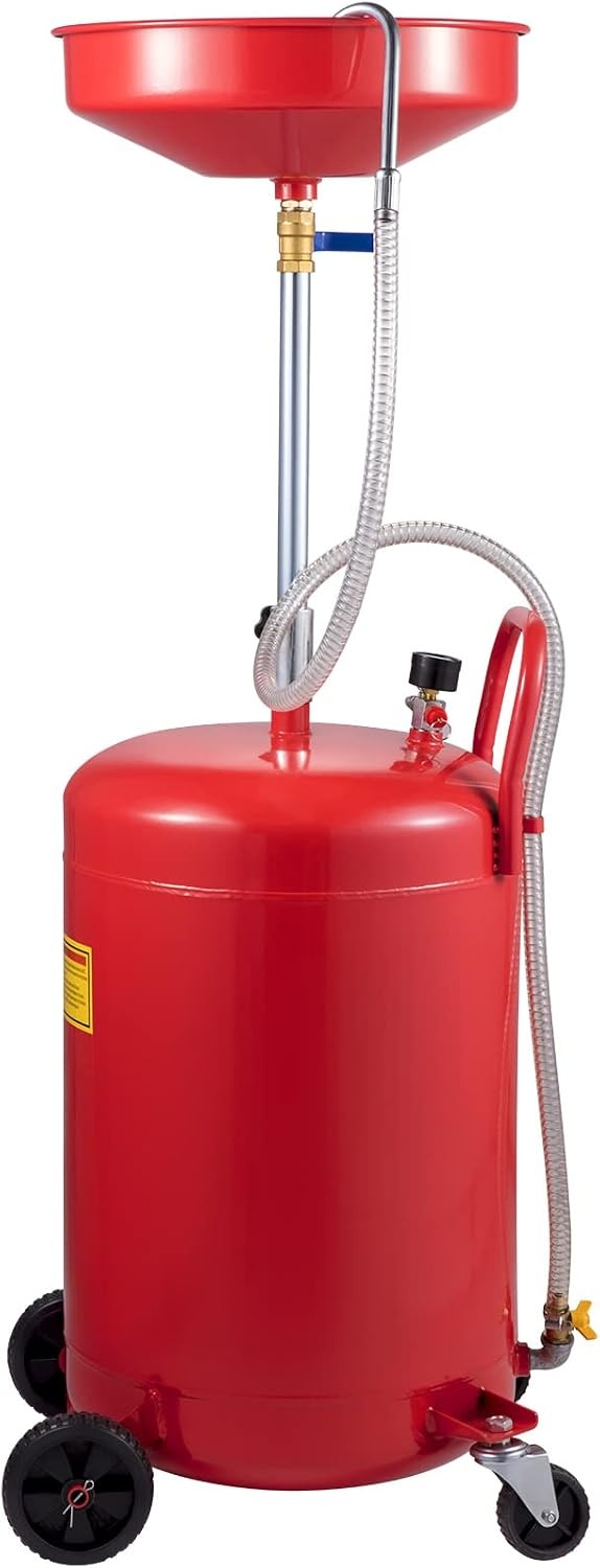 image:imageVEVOR 8 Gallon Waste Oil Drain Tank Industrial Fluid Drain Tank with Adjustable Funnel Height Portable Oil Drainer with Wheels amp Toolbox Fluid Fuel Transfer Drainage for Auto Repair Shops Red157 x 152x 65 in