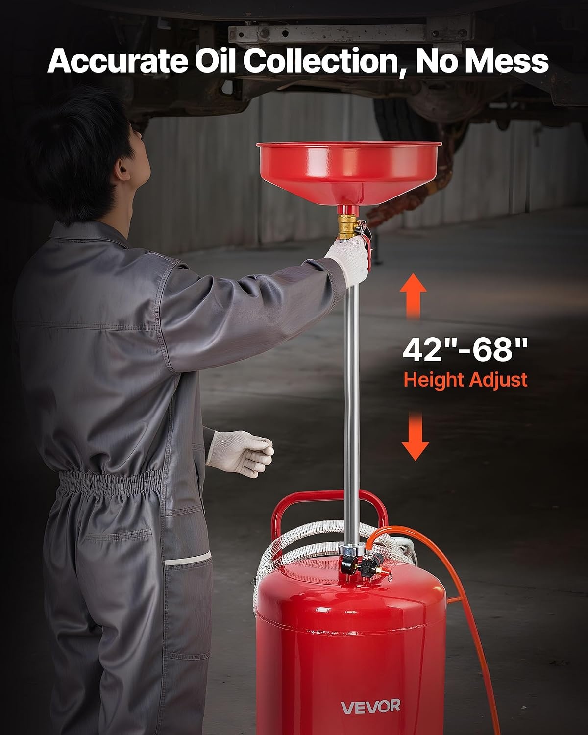 image:imageVEVOR 8 Gallon Waste Oil Drain Tank Industrial Fluid Drain Tank with Adjustable Funnel Height Portable Oil Drainer with Wheels amp Toolbox Fluid Fuel Transfer Drainage for Auto Repair Shops Red209 x 171 x 681 in