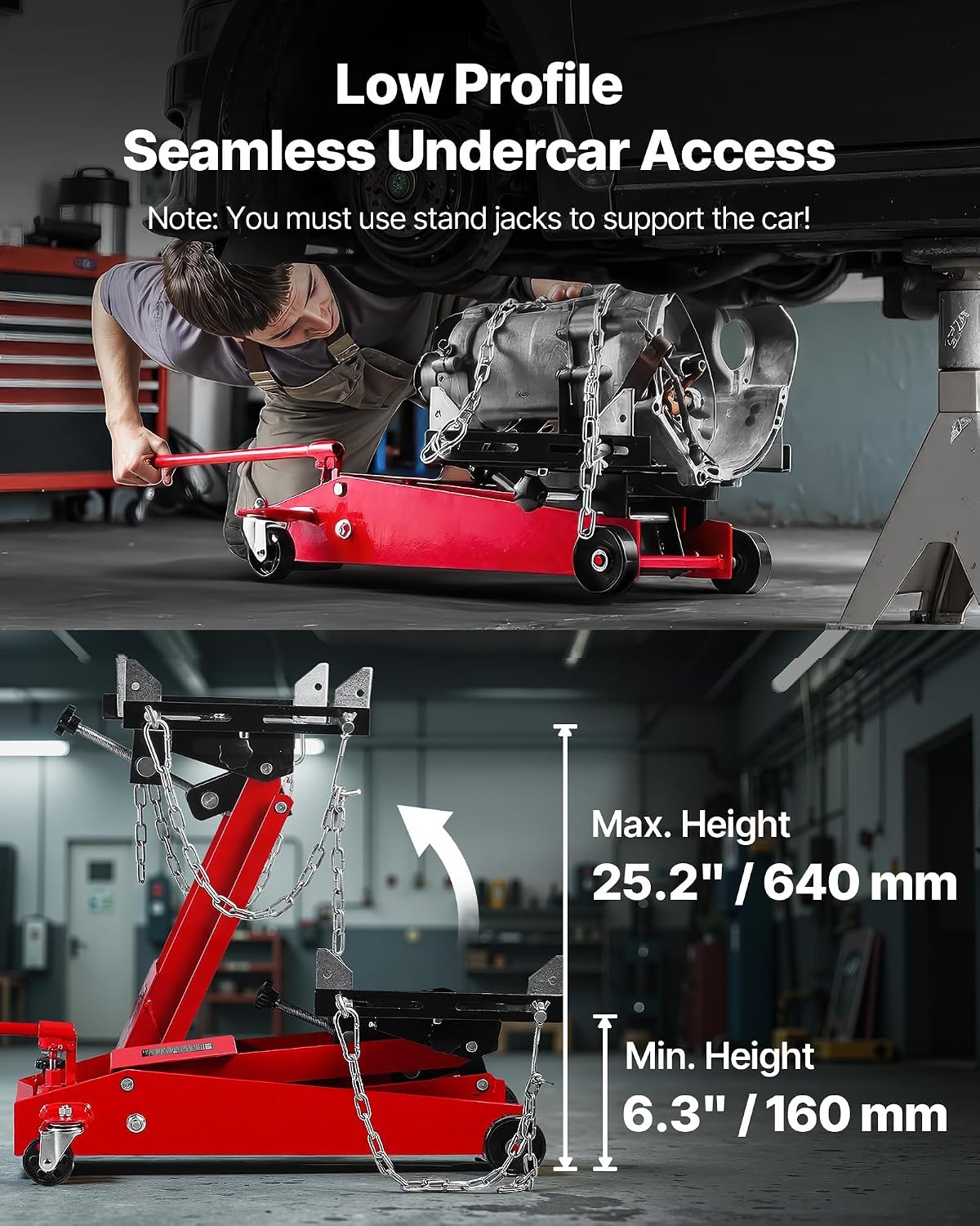 image:imageVEVOR Adjustable Floor Transmission Jack 2200 lbs1T Low Profile Hydraulic Transmission Telescoping HeavyDuty Lift Jack 728276 in Lifting Height 360 Swivel Front Wheels1000 lbs