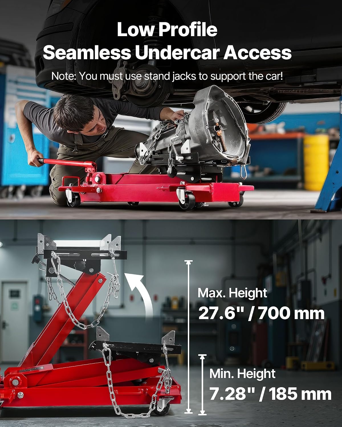 image:imageVEVOR Adjustable Floor Transmission Jack 2200 lbs1T Low Profile Hydraulic Transmission Telescoping HeavyDuty Lift Jack 728276 in Lifting Height 360 Swivel Front Wheels2200 lbs