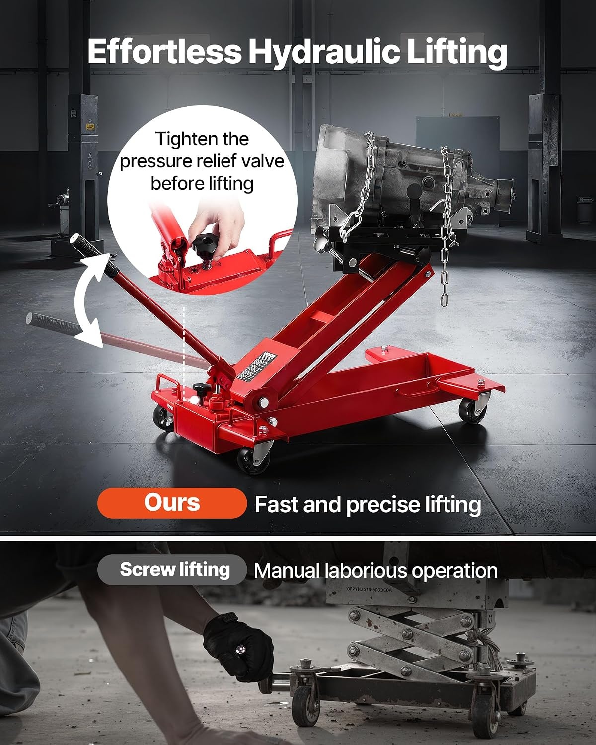image:imageVEVOR Adjustable Floor Transmission Jack 2200 lbs1T Low Profile Hydraulic Transmission Telescoping HeavyDuty Lift Jack 728276 in Lifting Height 360 Swivel Front Wheels2200 lbs