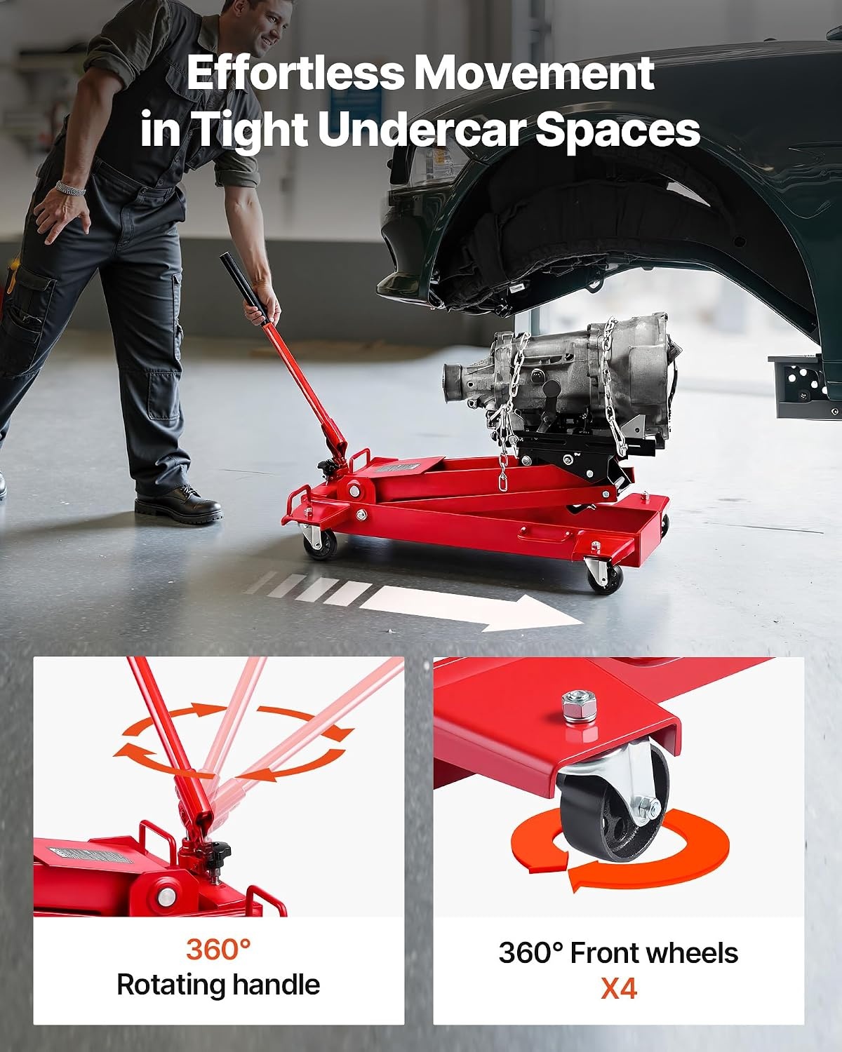 image:imageVEVOR Adjustable Floor Transmission Jack 2200 lbs1T Low Profile Hydraulic Transmission Telescoping HeavyDuty Lift Jack 728276 in Lifting Height 360 Swivel Front Wheels2200 lbs