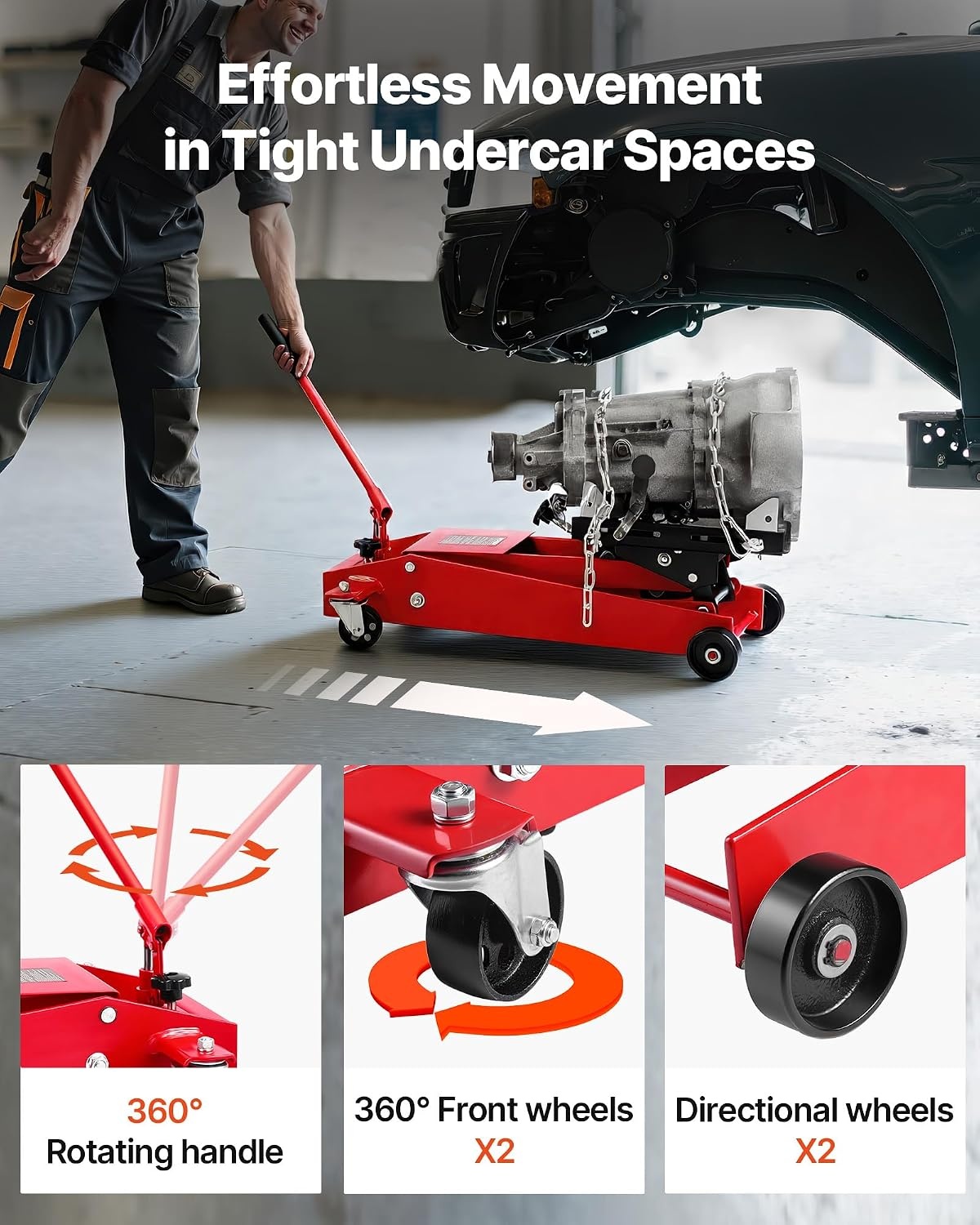 image:imageVEVOR Adjustable Floor Transmission Jack 2200 lbs1T Low Profile Hydraulic Transmission Telescoping HeavyDuty Lift Jack 728276 in Lifting Height 360 Swivel Front Wheels1000 lbs