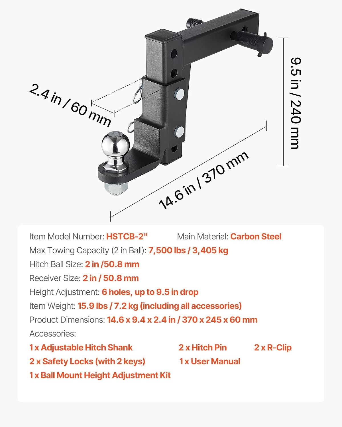 image:imageVEVOR Adjustable Trailer Hitch Fit 25 Inch Receiver Trailer Hitch Mount with 2 Inch amp 2516 Inch Balls 21000 lbs GTW 9 Inch Drop Towing Ball Mounts for RVs OffRoad Vehicles and Trucks Black146 x 94 x 24 in