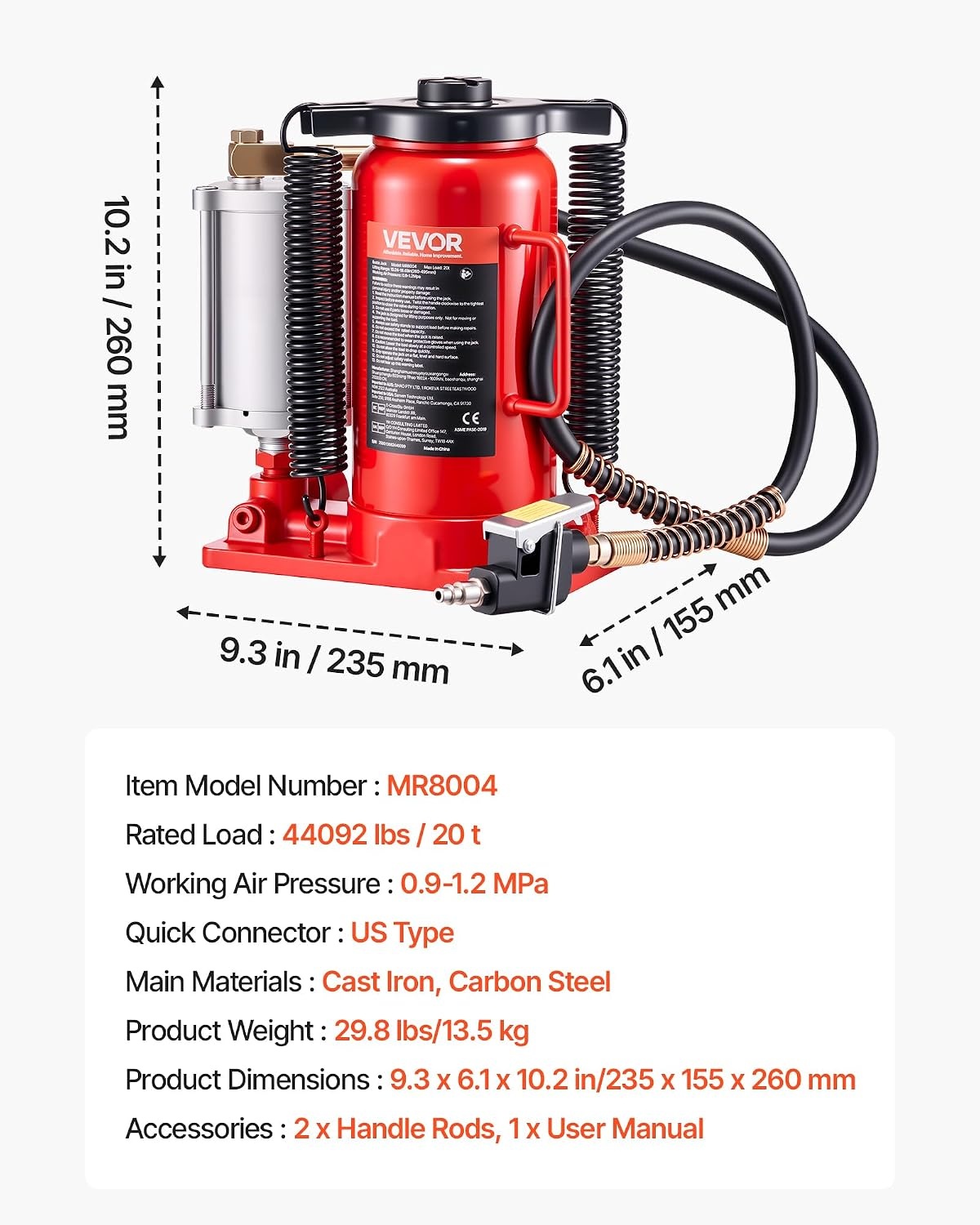 image:imageVEVOR Air Hydraulic Bottle Jack 20 Ton 44092 lbs Capacity 102195 Inch Lifting Range PneumaticManual Heavy Duty Welded Bottle Jack with Pump for Car SUV Pickup Truck RV Auto Repairred