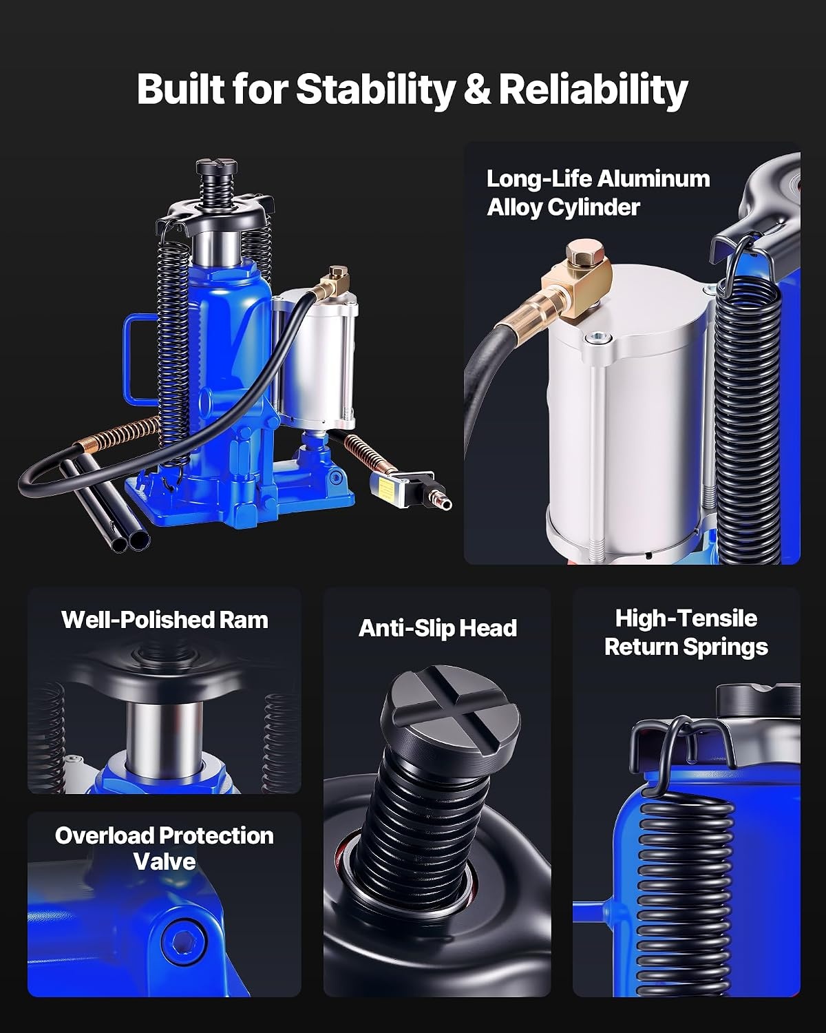 image:imageVEVOR Air Hydraulic Bottle Jack 20 Ton 44092 lbs Capacity 102195 Inch Lifting Range PneumaticManual Heavy Duty Welded Bottle Jack with Pump for Car SUV Pickup Truck RV Auto Repairblue