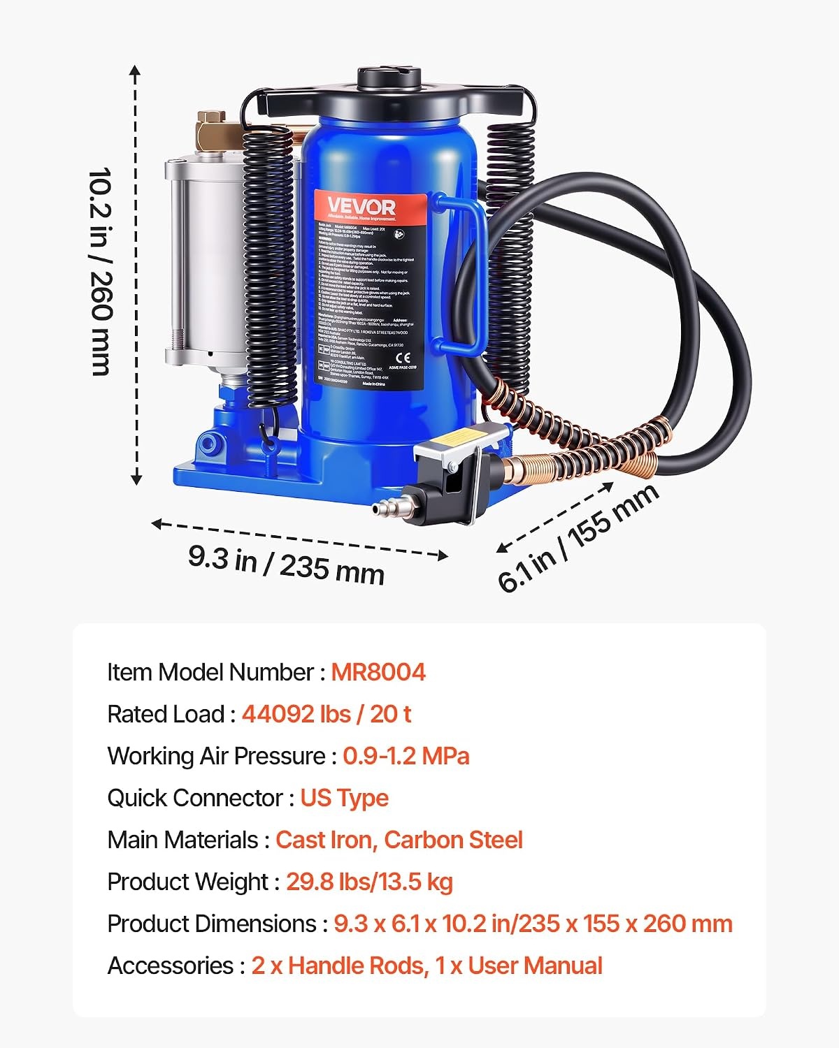 image:imageVEVOR Air Hydraulic Bottle Jack 20 Ton 44092 lbs Capacity 102195 Inch Lifting Range PneumaticManual Heavy Duty Welded Bottle Jack with Pump for Car SUV Pickup Truck RV Auto Repairblue