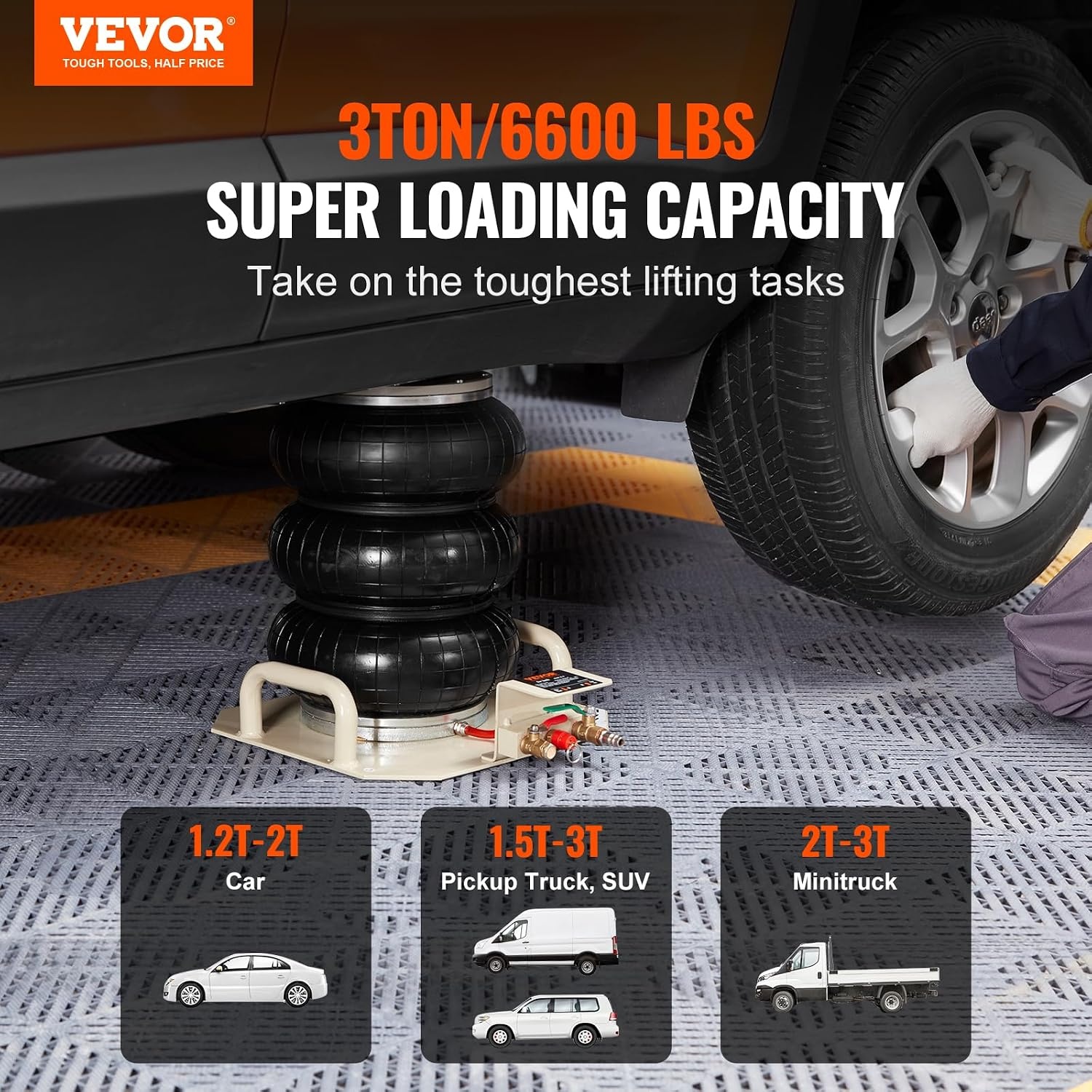 image:imageVEVOR Air Jack 3 Ton6600 lbs Triple Bag Air Jack Airbag Jack with Six Steel Pipes Lift up to 177 inch450 mm 35 s Fast Lifting Pneumatic Jack with Side Handles for Car Garage Repair