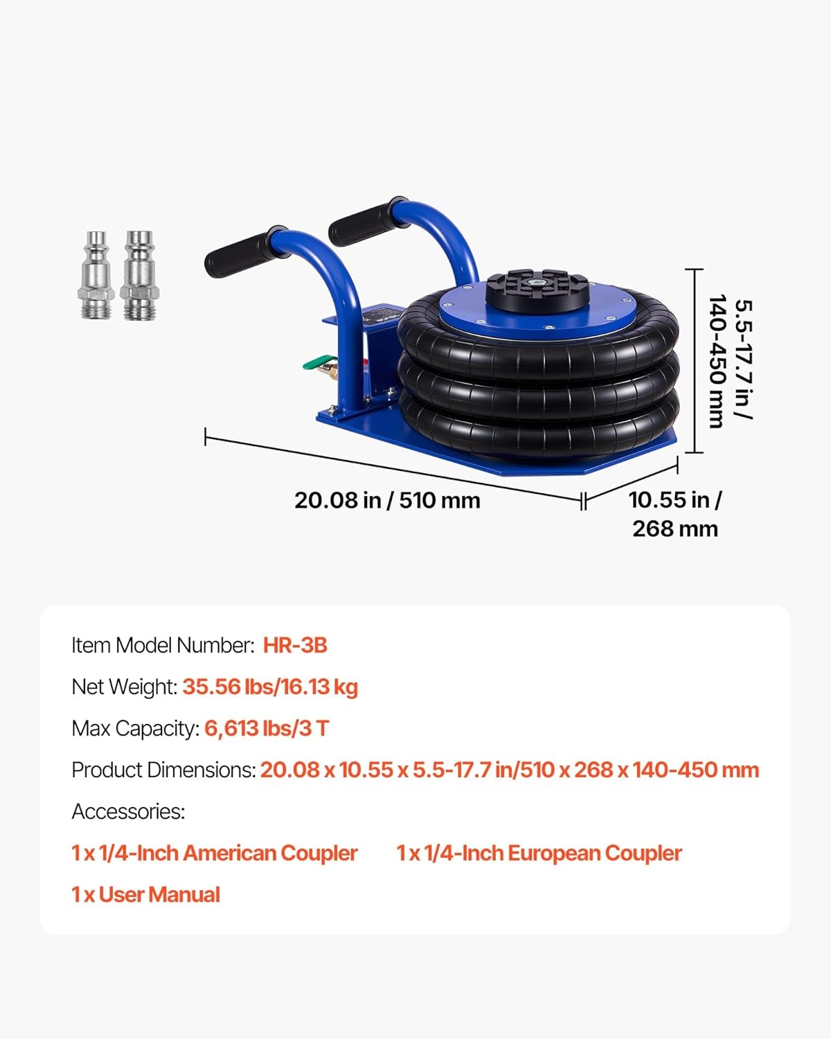 image:imageVEVOR Air Jack 3 Ton6613 lbs Triple Bag Air Jack Airbag with Six Steel Pipes Lift Up to 177 inch450 mm 16 s Fast Lifting Pneumatic with Short Handles for Car SUV Pickup Truck Repair Garage3THigh 177