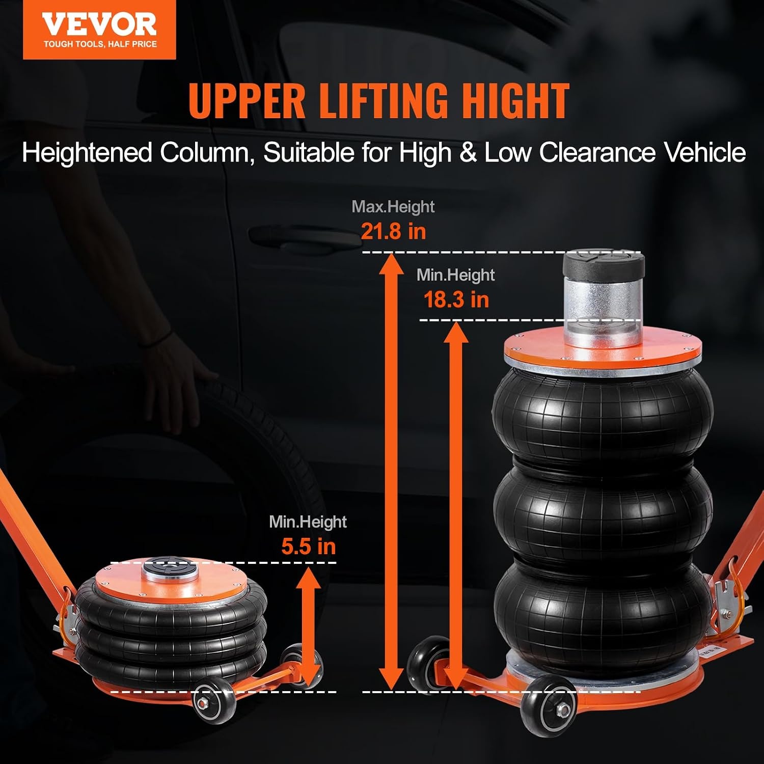 image:imageVEVOR Air Jack 5 Ton11000 lbs 410 S Pneumatic Lifting Jack with Heightened Column amp Adjustable Handle EasytoLift amp SpaceSaving Jack with Thick Rubber Pad Fits for Sedan SUV Pickup Truck5Thigh 218in