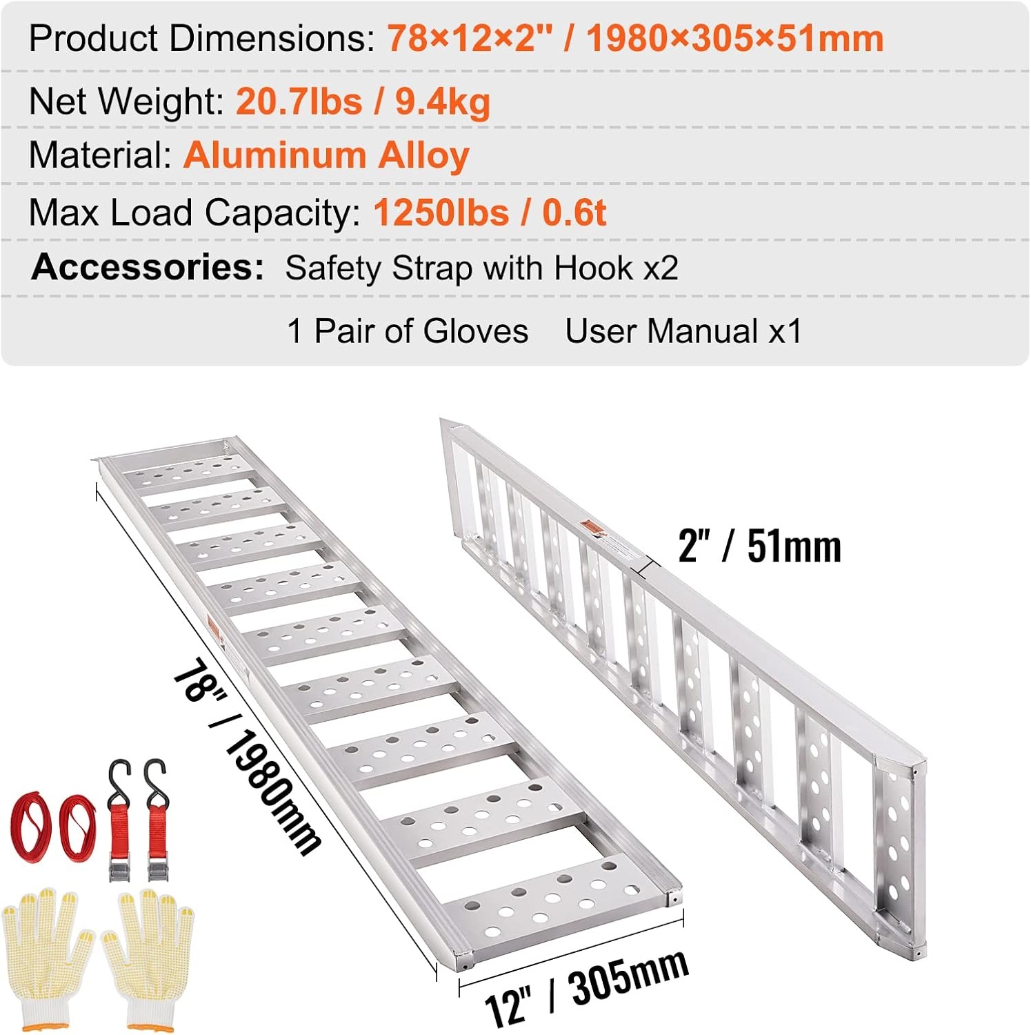 image:imageVEVOR Aluminum Ramps 1500 lbs Folding Loading Ramp with Load Straps TriFold Ramp for MotorcyclesUTVs ATVs Trucks Lawnmowers Snow Blowers 77 L x 54 W Sliver1250lbs