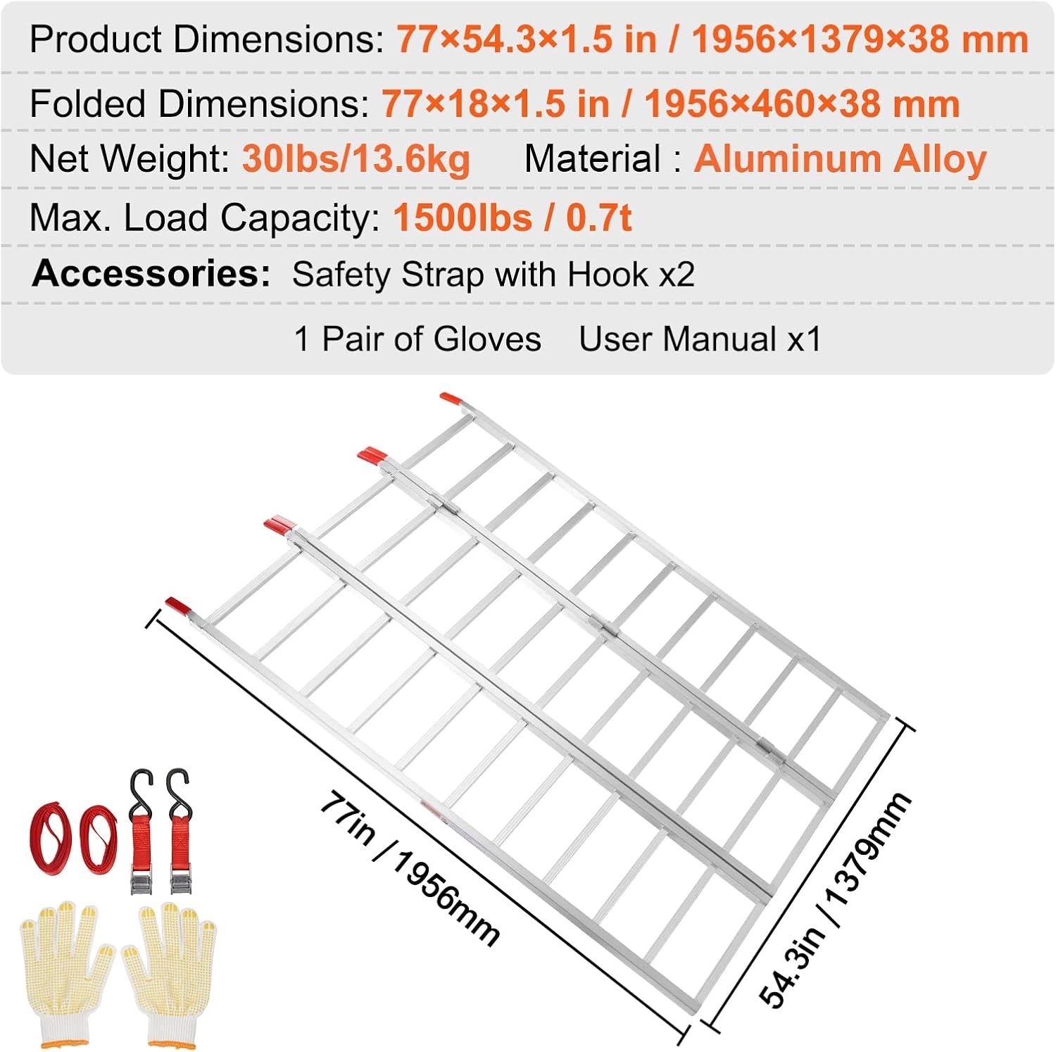image:imageVEVOR Aluminum Ramps 1500 lbs Folding Loading Ramp with Load Straps TriFold Ramp for MotorcyclesUTVs ATVs Trucks Lawnmowers Snow Blowers 77 L x 54 W Sliver1500lbs