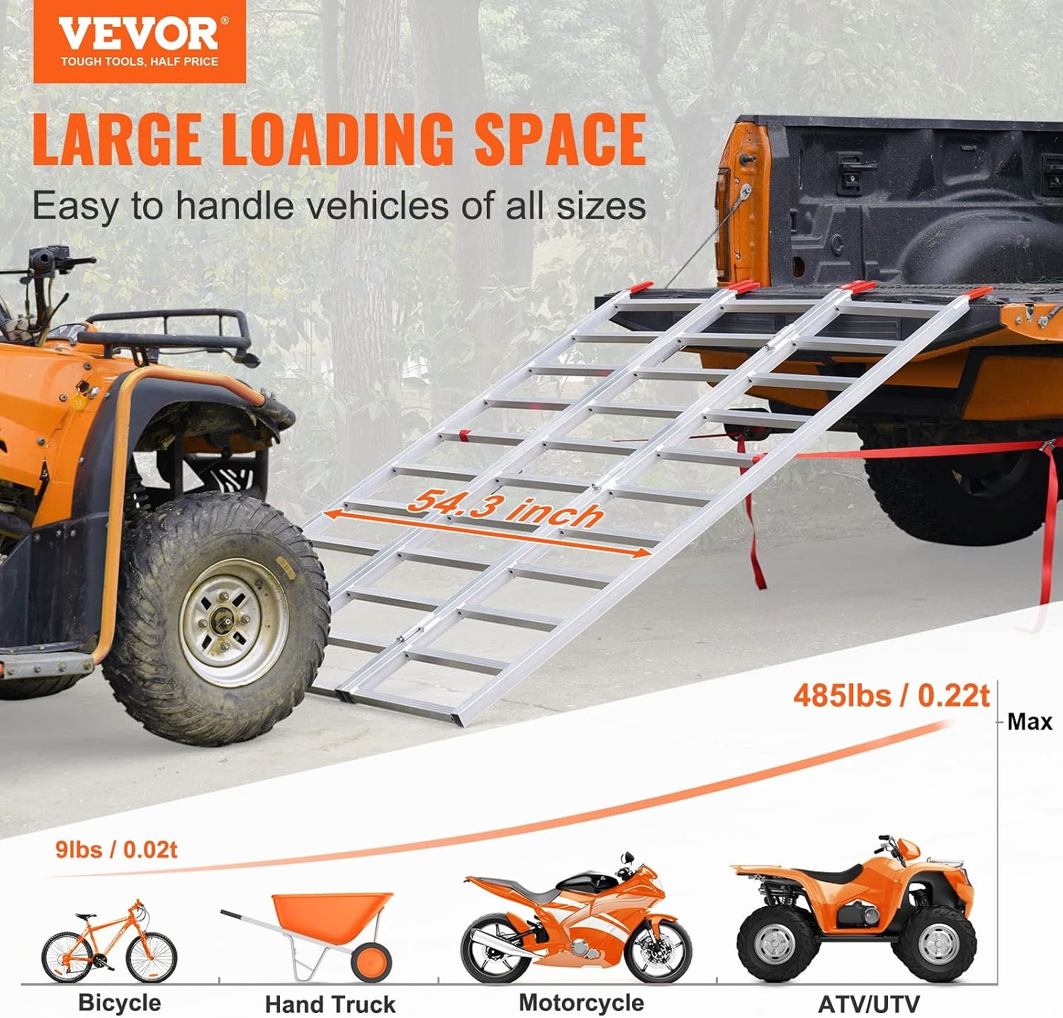 image:imageVEVOR Aluminum Ramps 1500 lbs Folding Loading Ramp with Load Straps TriFold Ramp for MotorcyclesUTVs ATVs Trucks Lawnmowers Snow Blowers 77 L x 54 W Sliver1500lbs