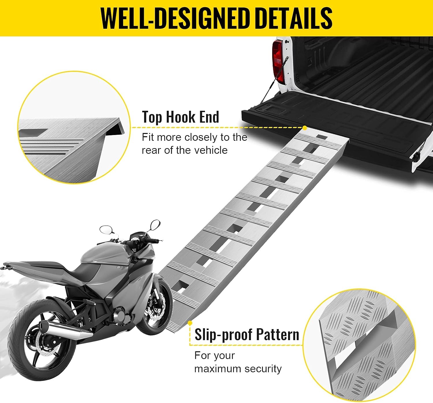 image:imageVEVOR Aluminum Ramps 1500 lbs Folding Loading Ramp with Load Straps TriFold Ramp for MotorcyclesUTVs ATVs Trucks Lawnmowers Snow Blowers 77 L x 54 W Sliver6000lbs