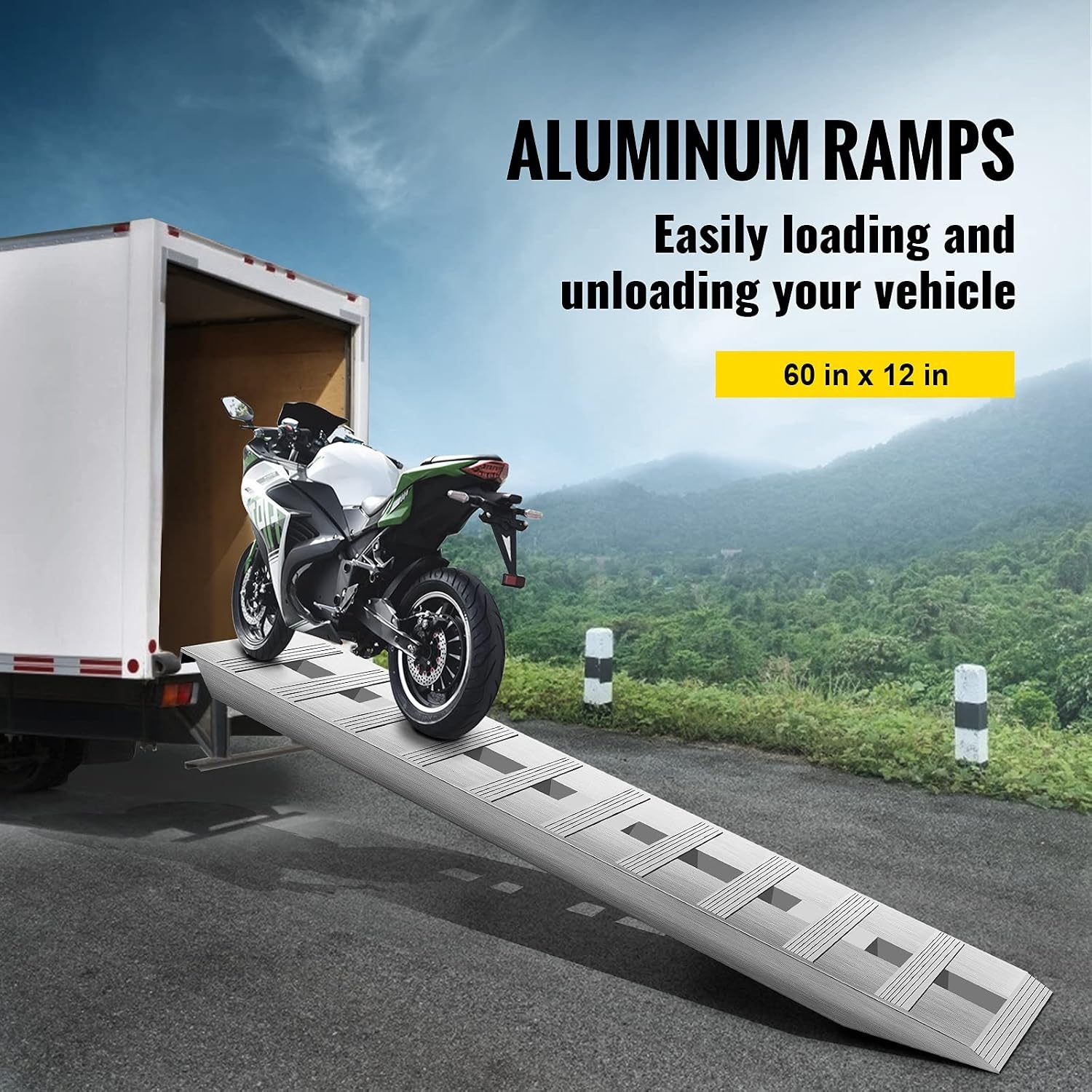 image:imageVEVOR Aluminum Ramps 1500 lbs Folding Loading Ramp with Load Straps TriFold Ramp for MotorcyclesUTVs ATVs Trucks Lawnmowers Snow Blowers 77 L x 54 W Sliver6000lbs
