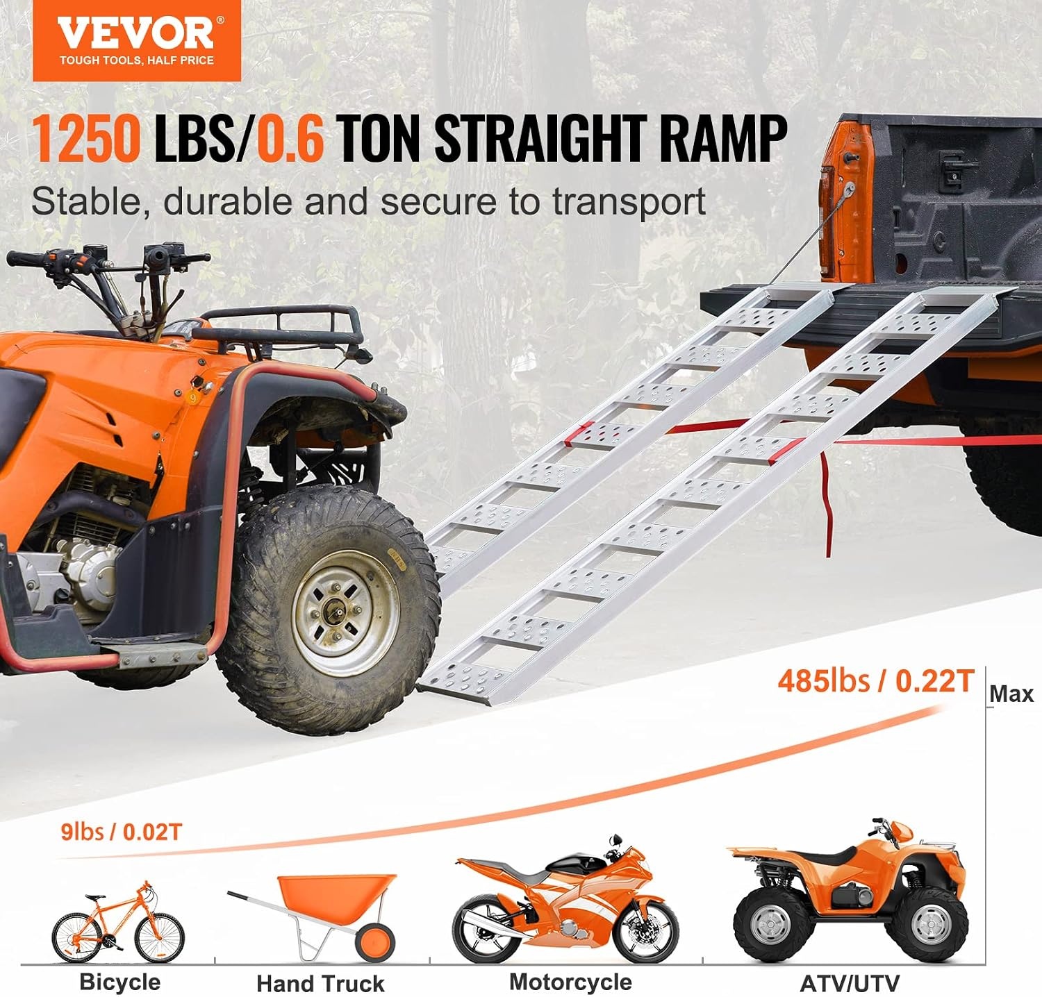 image:imageVEVOR Aluminum Ramps 1500 lbs Folding Loading Ramp with Load Straps TriFold Ramp for MotorcyclesUTVs ATVs Trucks Lawnmowers Snow Blowers 77 L x 54 W Sliver1250lbs