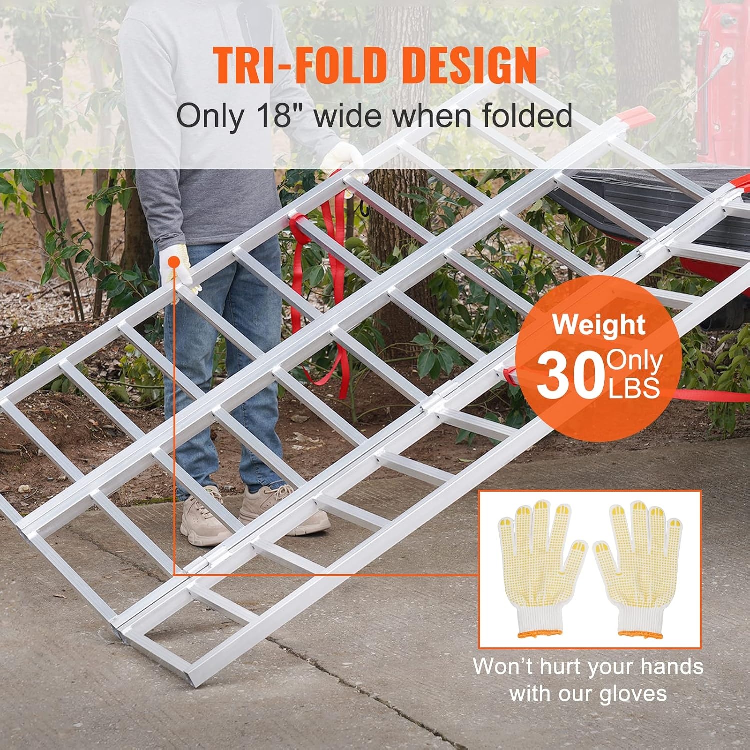 image:imageVEVOR Aluminum Ramps 1500 lbs Folding Loading Ramp with Load Straps TriFold Ramp for MotorcyclesUTVs ATVs Trucks Lawnmowers Snow Blowers 77 L x 54 W Sliver1500lbs