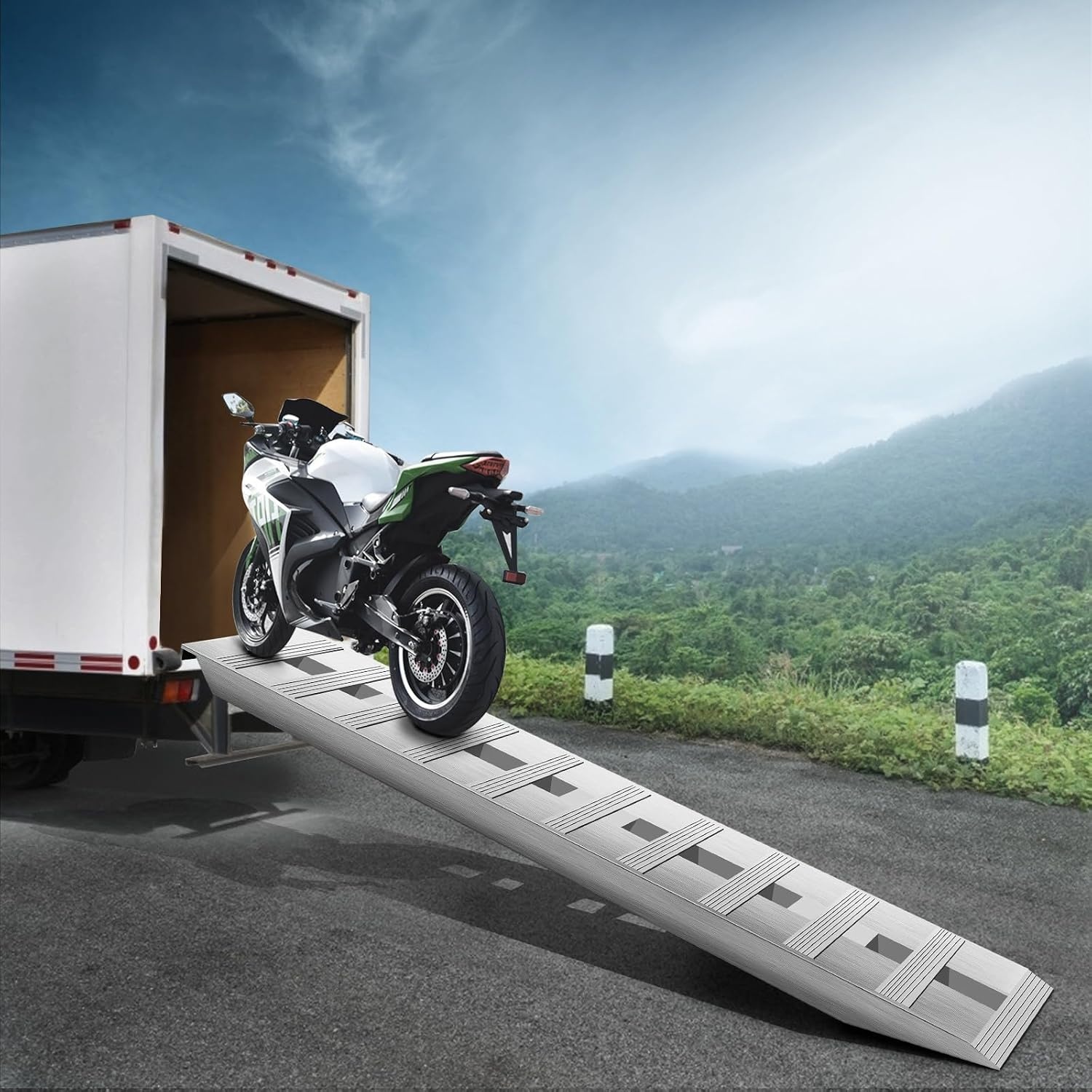 image:imageVEVOR Aluminum Ramps 1500 lbs Folding Loading Ramp with Load Straps TriFold Ramp for MotorcyclesUTVs ATVs Trucks Lawnmowers Snow Blowers 77 L x 54 W Sliver6000lbs