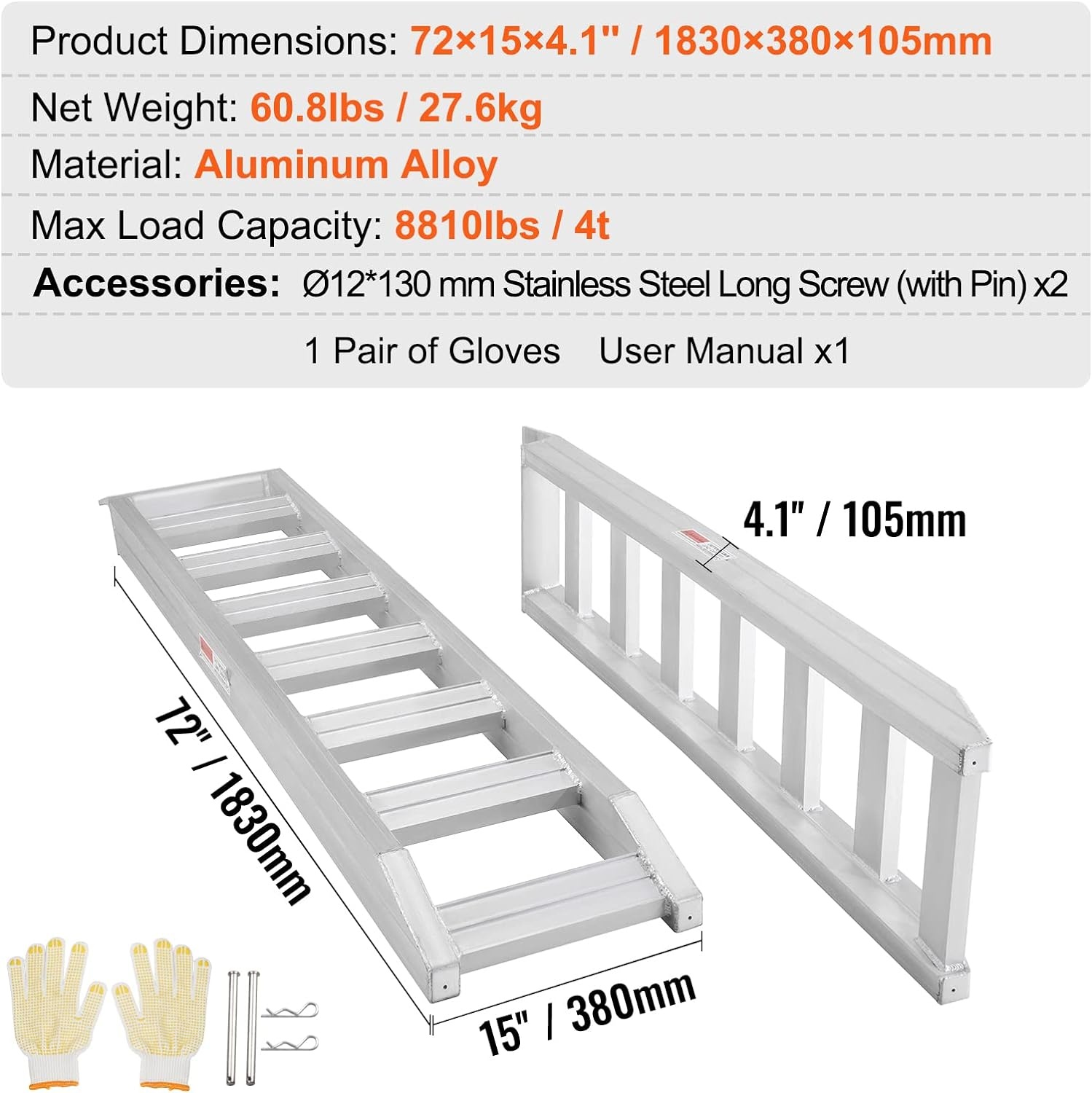 image:imageVEVOR Aluminum Ramps 880 LBS Capacity 472 x 85 Loading Ramps for Motorcycle Dirt Bike Trailer ATV UTV Garden Tractor and Lawn Mower 2PCS8100lbs