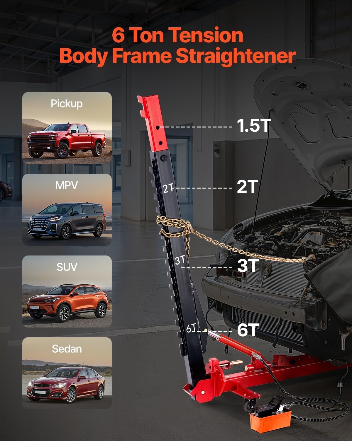 image:imageVEVOR Auto Body Frame Puller Straightener 6T Tension Car Body Repair Equipment with 6000PSI Hydraulic Foot Pump amp Swivel Post Includes 16 Straightening Tools for Auto Repair Shop Sedan SUV Pickup984 x 748 x 886 in