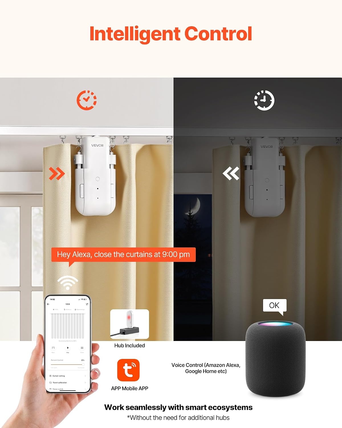 image:imageVEVOR Automatic Curtain Opener APP and Remote Control Hub Included Electric Smart Curtain Opener Compatible with Alexa and Google Home Timed Opening and Closing for UshapedIshaped RailsFor TU Tracks With Gateway