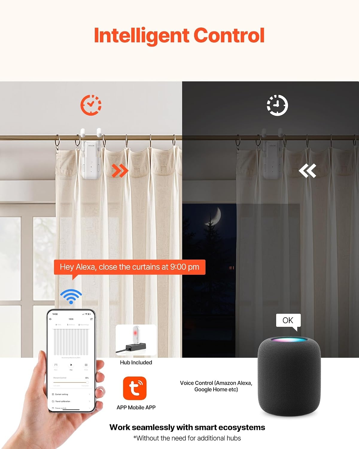 image:imageVEVOR Automatic Curtain Opener APP and Remote Control Hub Included Electric Smart Curtain Opener Compatible with Alexa and Google Home Timed Opening and Closing for UshapedIshaped RailsFor Roman Rod With Gateway