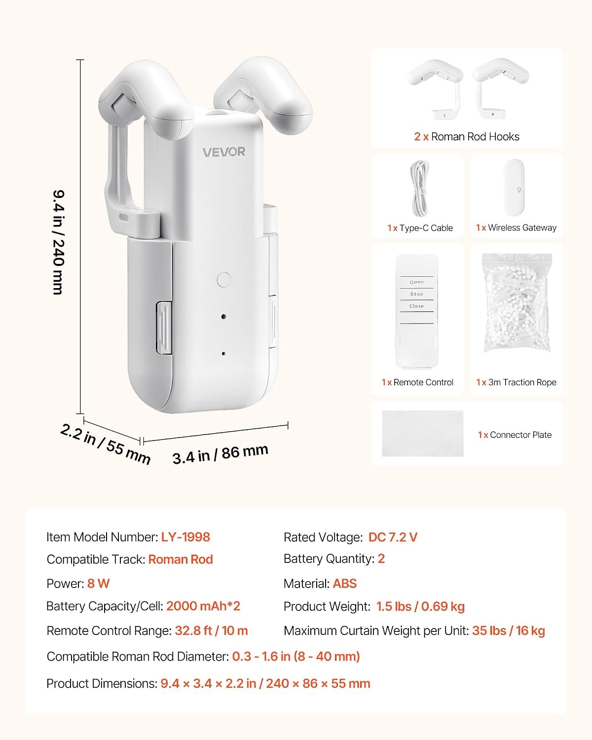 image:imageVEVOR Automatic Curtain Opener APP and Remote Control Hub Included Electric Smart Curtain Opener Compatible with Alexa and Google Home Timed Opening and Closing for UshapedIshaped RailsFor Roman Rod With Gateway