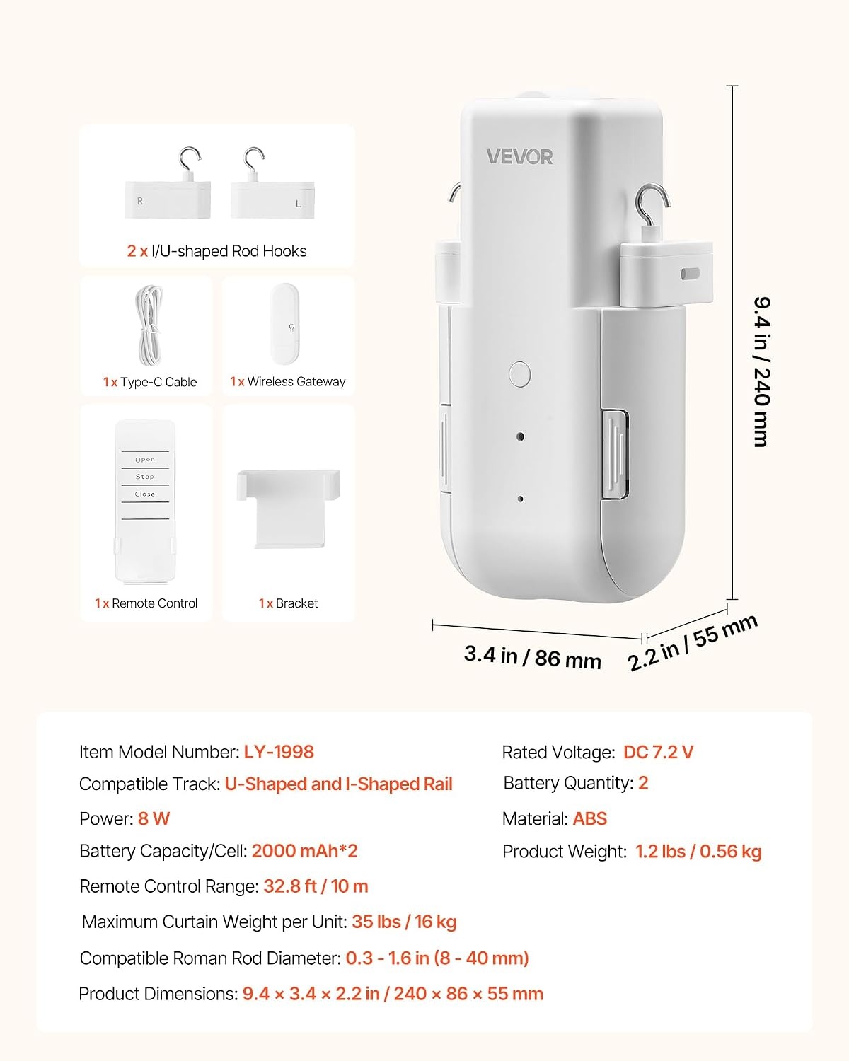 image:imageVEVOR Automatic Curtain Opener APP and Remote Control Hub Included Electric Smart Curtain Opener Compatible with Alexa and Google Home Timed Opening and Closing for UshapedIshaped RailsFor TU Tracks With Gateway