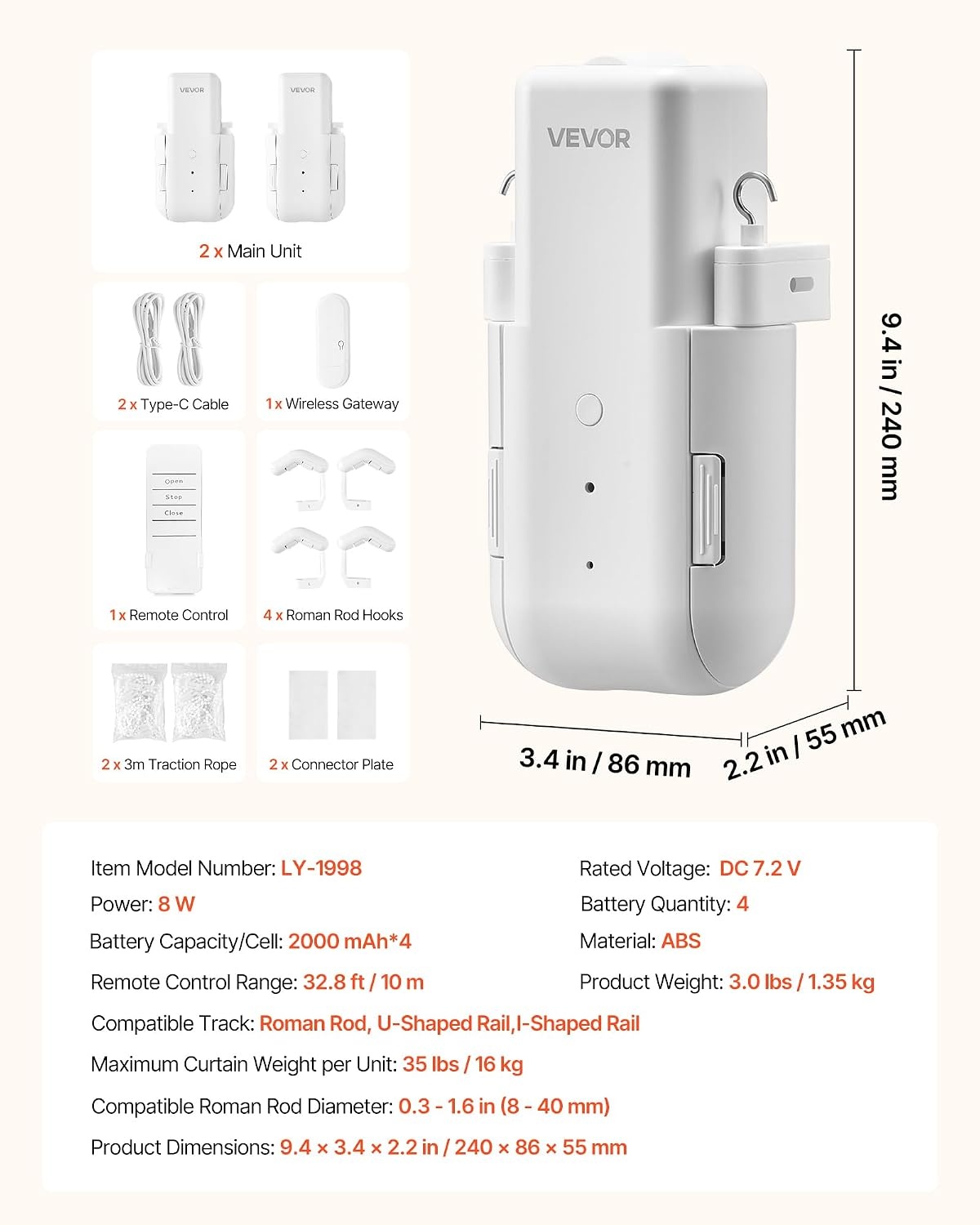 image:imageVEVOR Automatic Curtain Opener APP and Remote Control Hub Included Electric Smart Curtain Opener Compatible with Alexa and Google Home Timed Opening and Closing for UshapedIshaped RailsFor Roman TU Tracks With Gateway