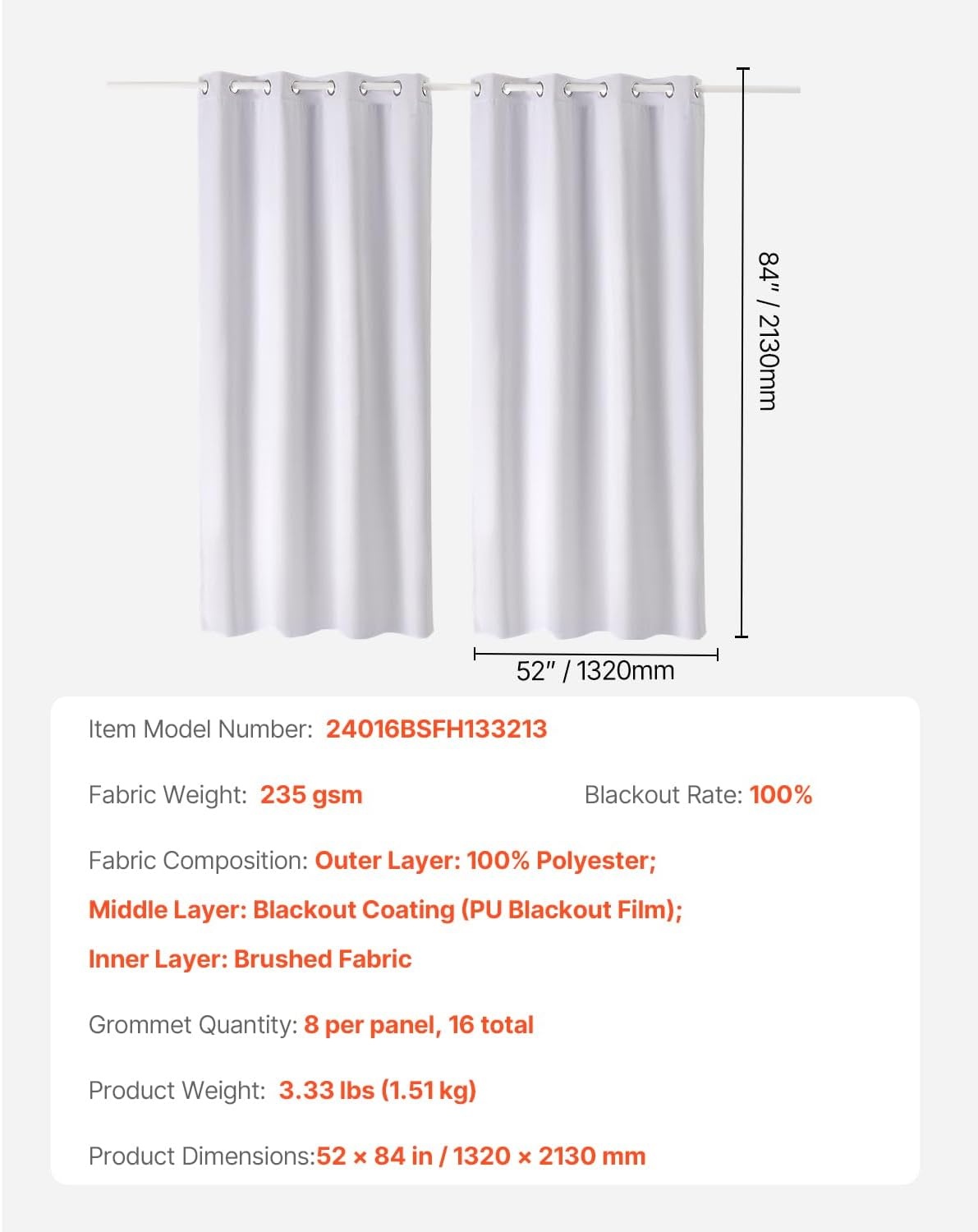 image:imageVEVOR Blackout Curtains 84 Inch Length 2 Panels Set 52 Inch Wide Each Thermal Insulated 100 Blackout Light Blocking Drapes 3Layer with Grommets Curtains for Bedroom Living Room Window WhiteWhite