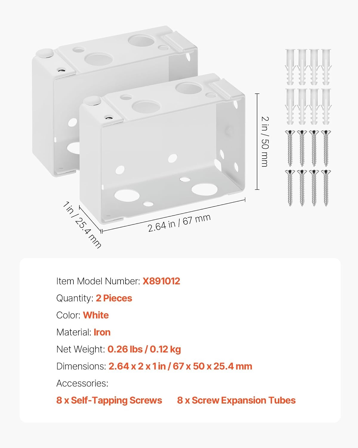 image:imageVEVOR Box Mounting Brackets 2 Pcs Box Blind Bracket for Window Blinds Fit for 15 x 225 inch Headrails with SelfTapping Screws and Expansion Tubes Sturdy Iron for Blinds Installation White