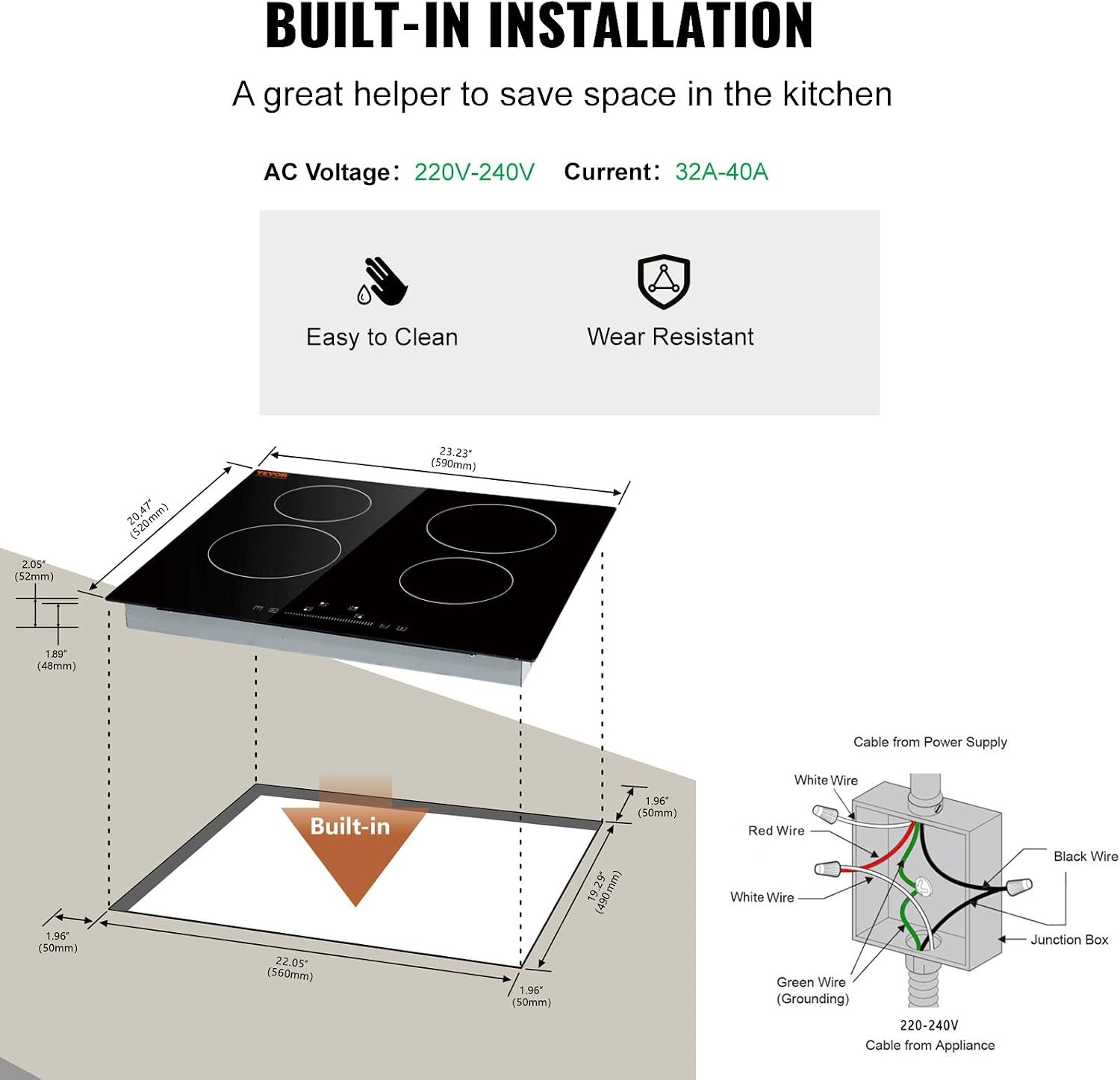 image:imageVEVOR Built in Electric Stove Top 12 inch 2 Burners 240V Glass Radiant Cooktop with Sensor Touch Control Timer amp Child Lock Included 9 Power Levels for Simmer Steam Slow Cook Fry24 IN4 BurnerTouch Control