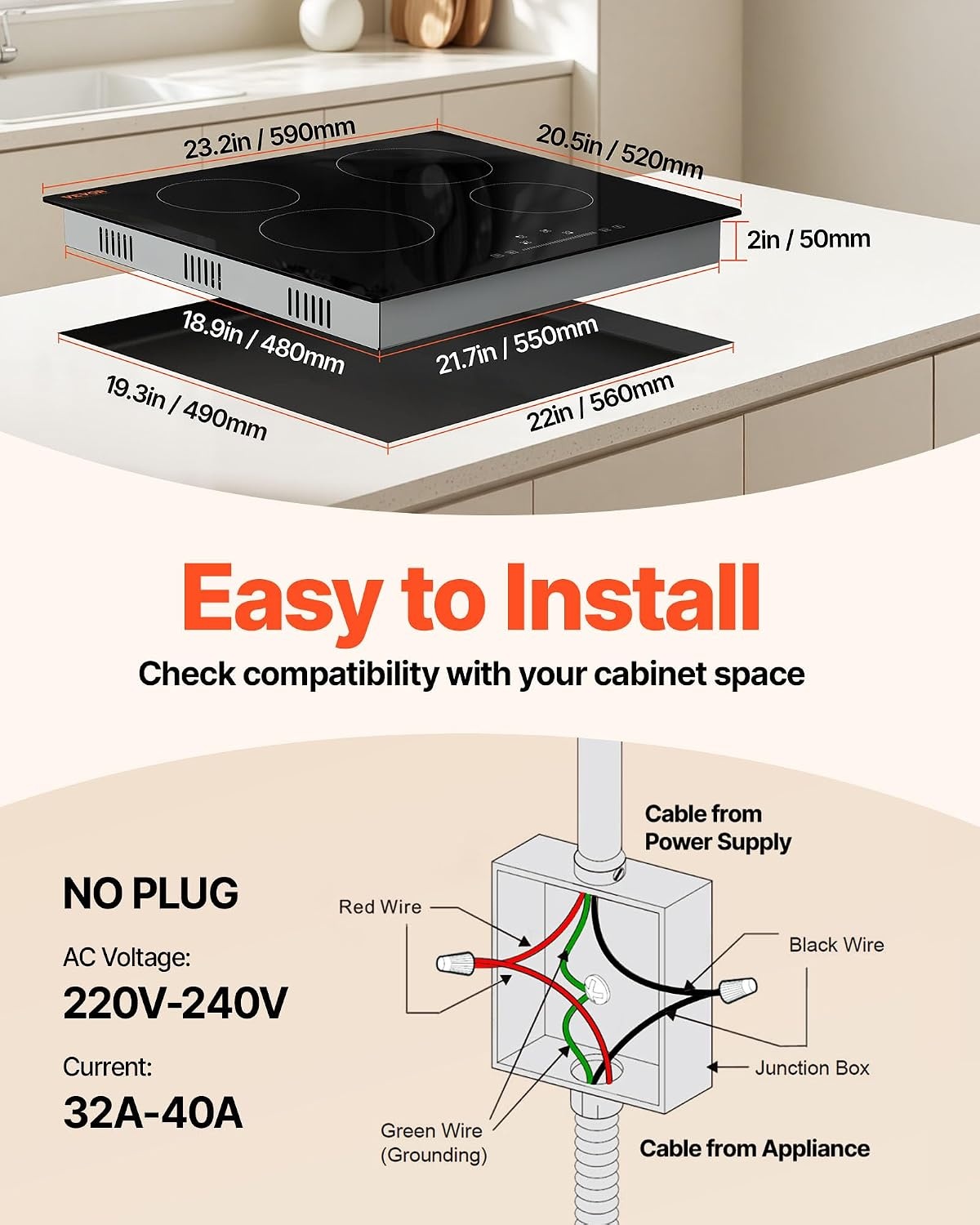 image:imageVEVOR Built in Electric Stove Top 12 inch 2 Burners 240V Glass Radiant Cooktop with Sensor Touch Control Timer amp Child Lock Included 9 Power Levels for Simmer Steam Slow Cook Fry24 IN4 BurnerTouch Control