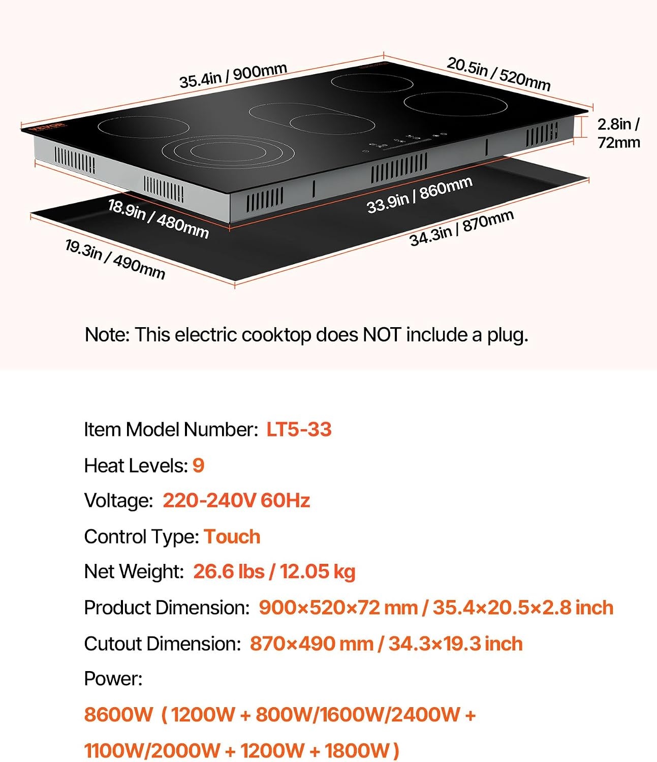 image:imageVEVOR Built in Electric Stove Top 12 inch 2 Burners 240V Glass Radiant Cooktop with Sensor Touch Control Timer amp Child Lock Included 9 Power Levels for Simmer Steam Slow Cook Fry36 IN5 BurnerTouch Control