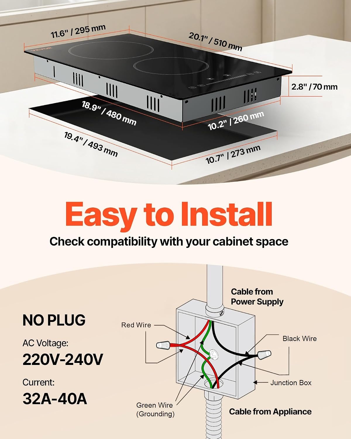 image:imageVEVOR Built in Electric Stove Top 12 inch 2 Burners 240V Glass Radiant Cooktop with Sensor Touch Control Timer amp Child Lock Included 9 Power Levels for Simmer Steam Slow Cook Fry12 IN2 BurnerTouch Control