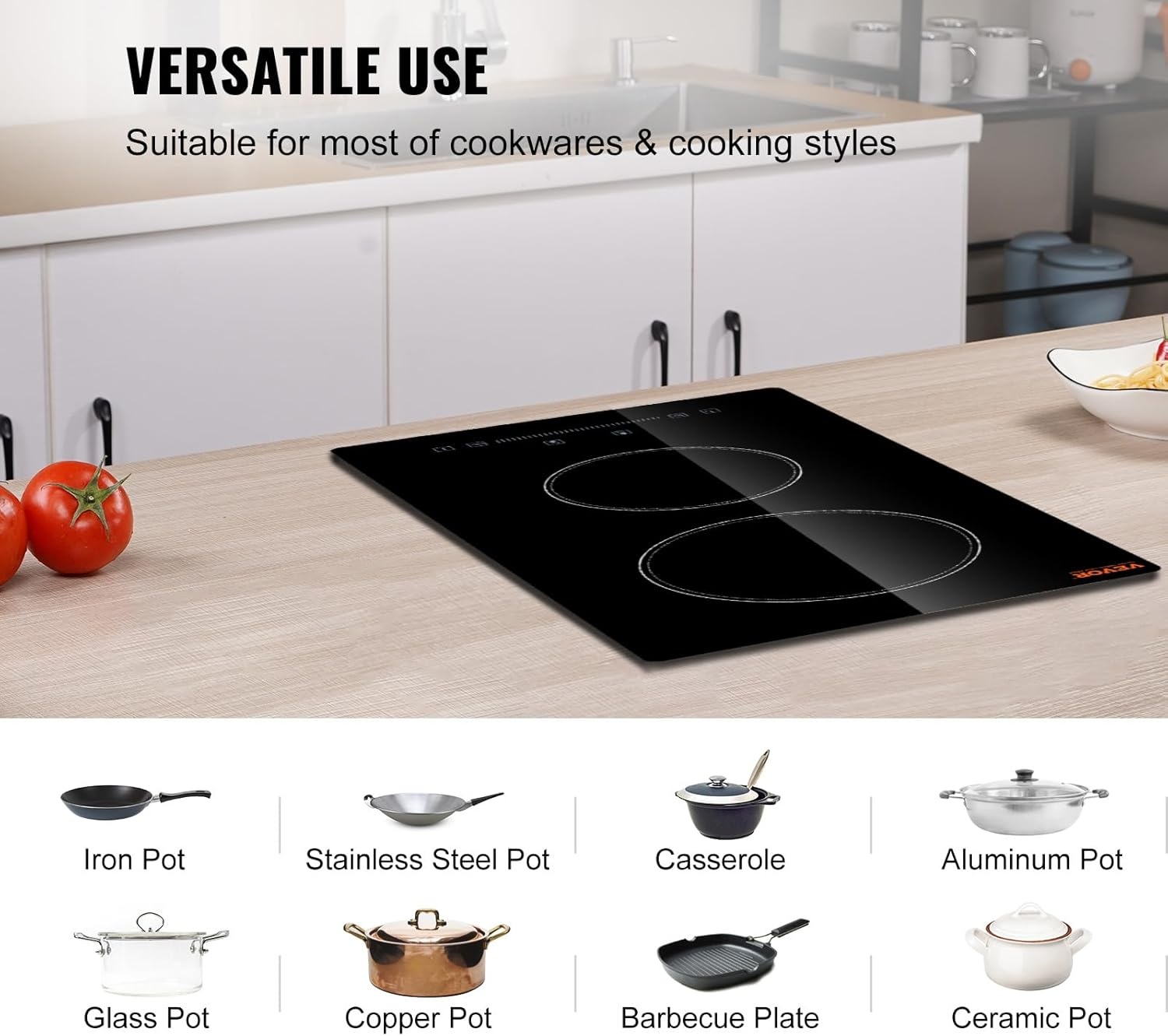 image:imageVEVOR Built in Electric Stove Top 12 inch 2 Burners 240V Glass Radiant Cooktop with Sensor Touch Control Timer amp Child Lock Included 9 Power Levels for Simmer Steam Slow Cook Fry12 IN2 BurnerTouch Control