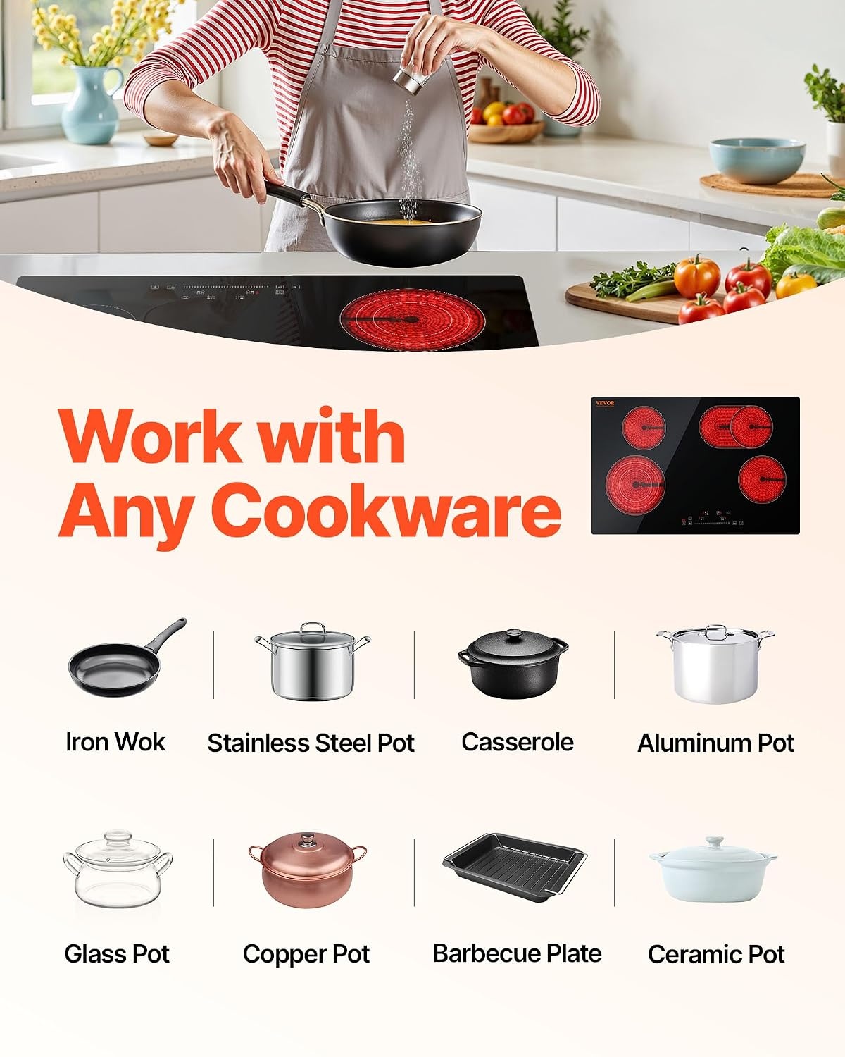 image:imageVEVOR Built in Electric Stove Top 12 inch 2 Burners 240V Glass Radiant Cooktop with Sensor Touch Control Timer amp Child Lock Included 9 Power Levels for Simmer Steam Slow Cook Fry30 IN4 BurnerTouch Control