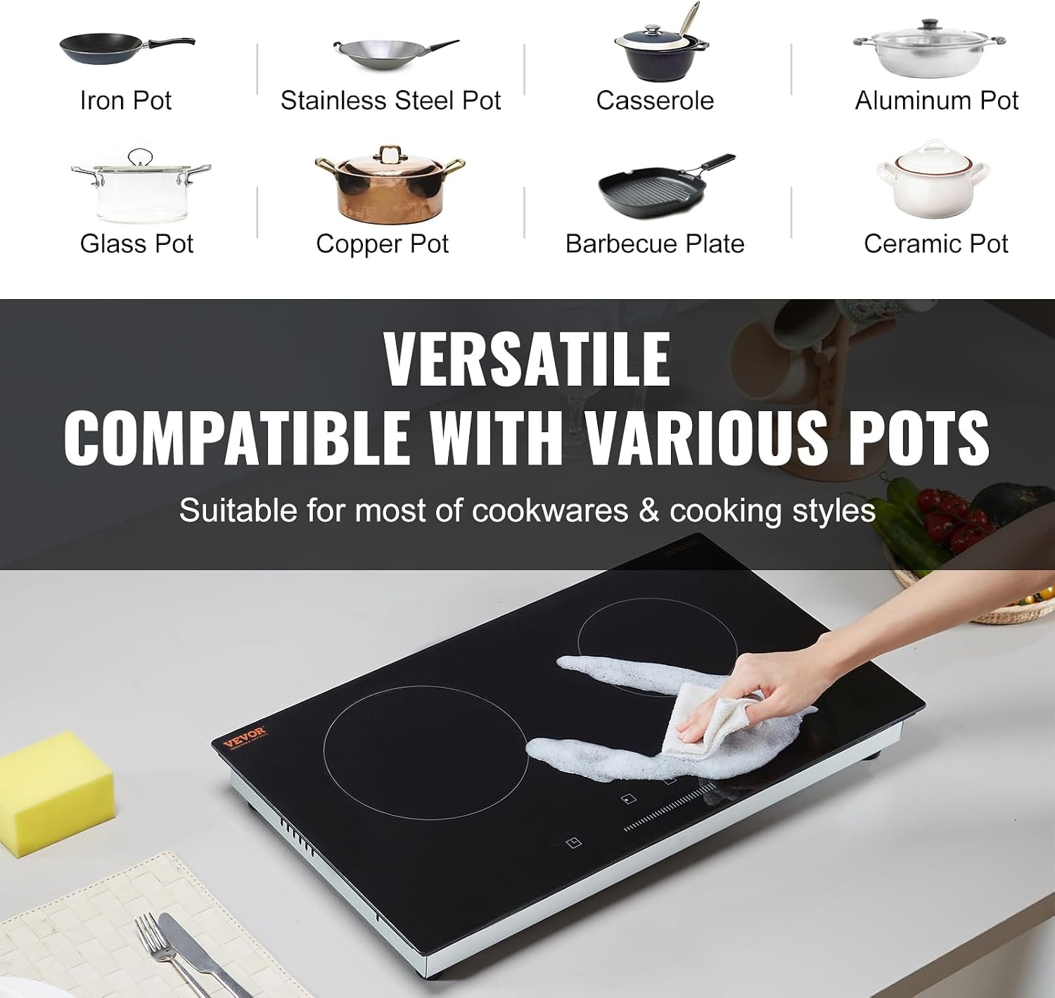 image:imageVEVOR Built in Electric Stove Top 12 inch 2 Burners 240V Glass Radiant Cooktop with Sensor Touch Control Timer amp Child Lock Included 9 Power Levels for Simmer Steam Slow Cook Fry24 IN2 BurnerTouch Control