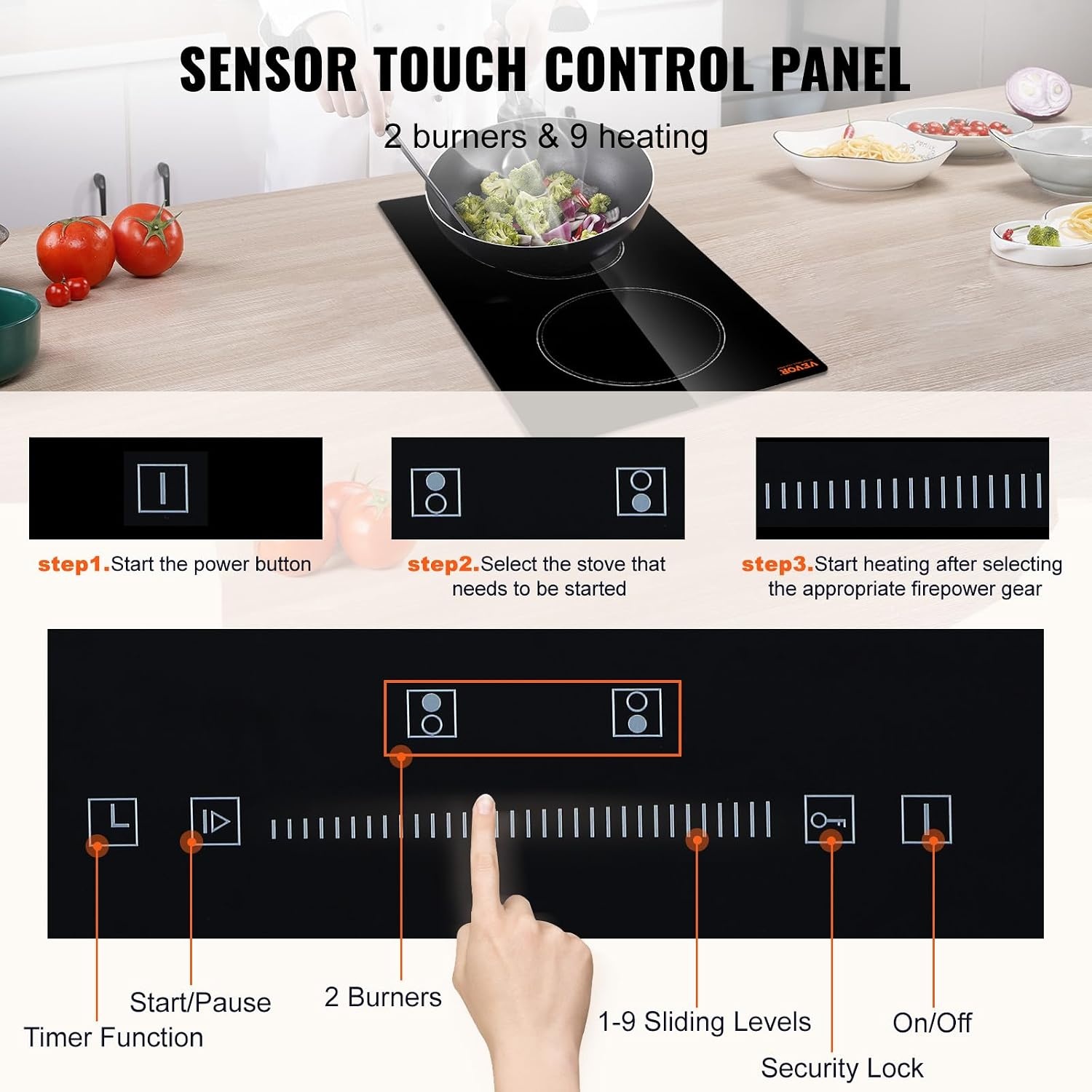 image:imageVEVOR Built in Electric Stove Top 12 inch 2 Burners 240V Glass Radiant Cooktop with Sensor Touch Control Timer amp Child Lock Included 9 Power Levels for Simmer Steam Slow Cook Fry12 IN2 BurnerTouch Control